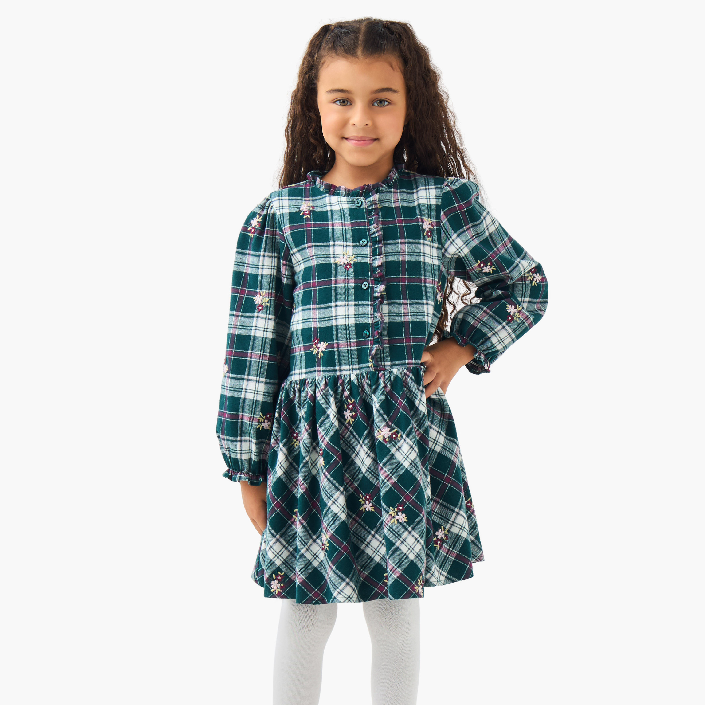 Eligo Henley Neck Long Sleeves Knee Length Dress with Checked Design-girls-clothing-winterwear-dresses-image-2
