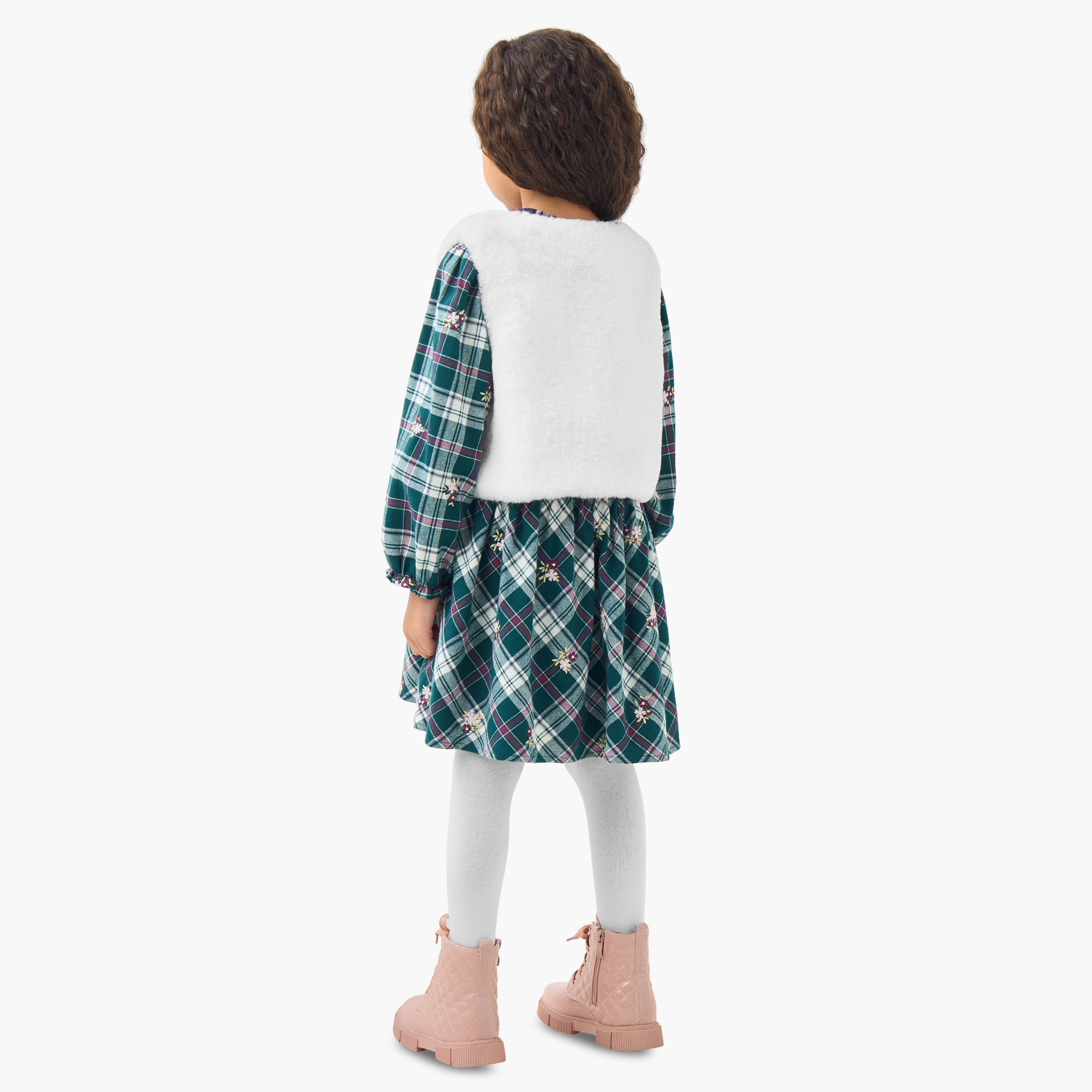 Eligo Henley Neck Long Sleeves Knee Length Dress with Checked Design-girls-clothing-dressesandjumpsuits-image-3