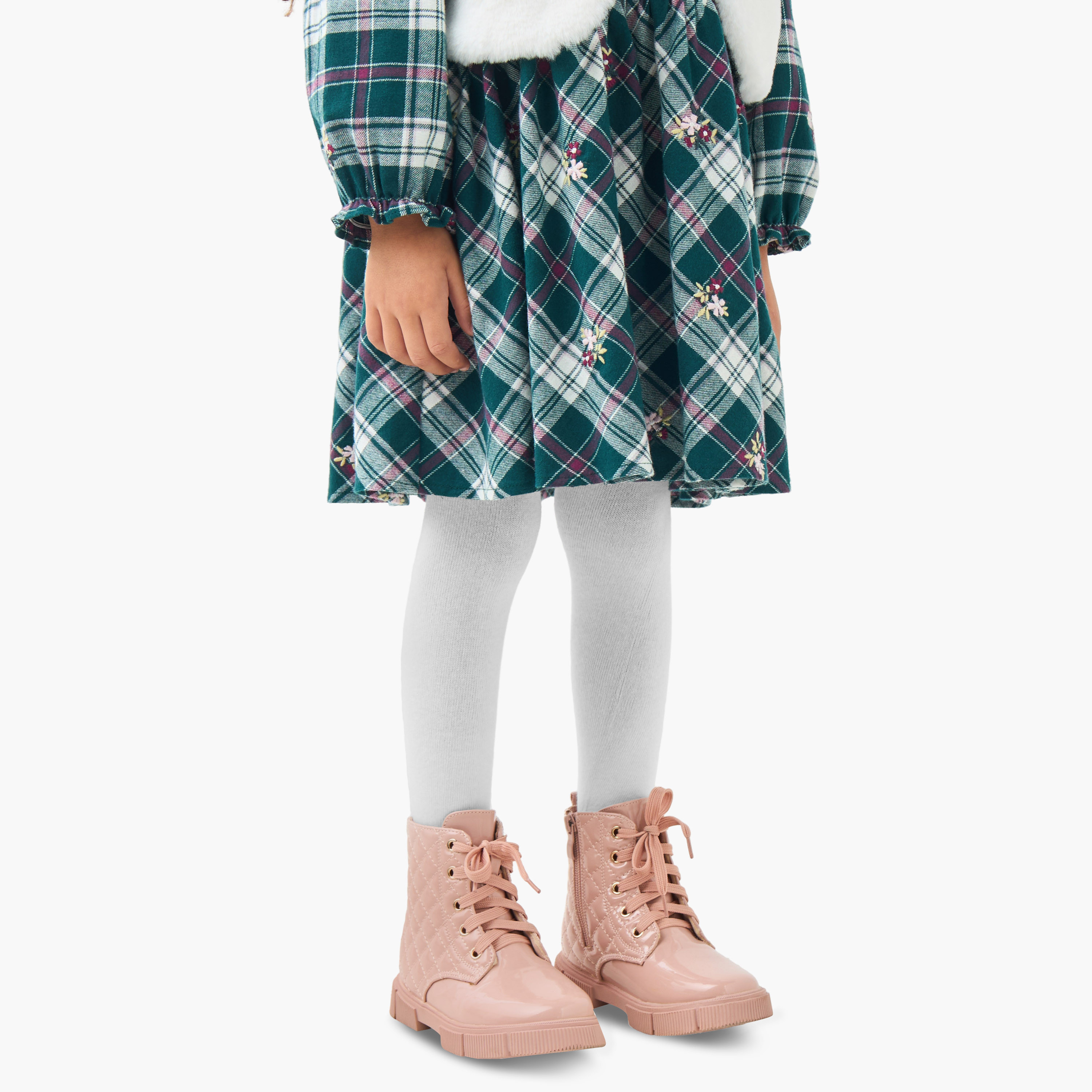 Eligo Henley Neck Long Sleeves Knee Length Dress with Checked Design-girls-clothing-winterwear-dresses-image-5