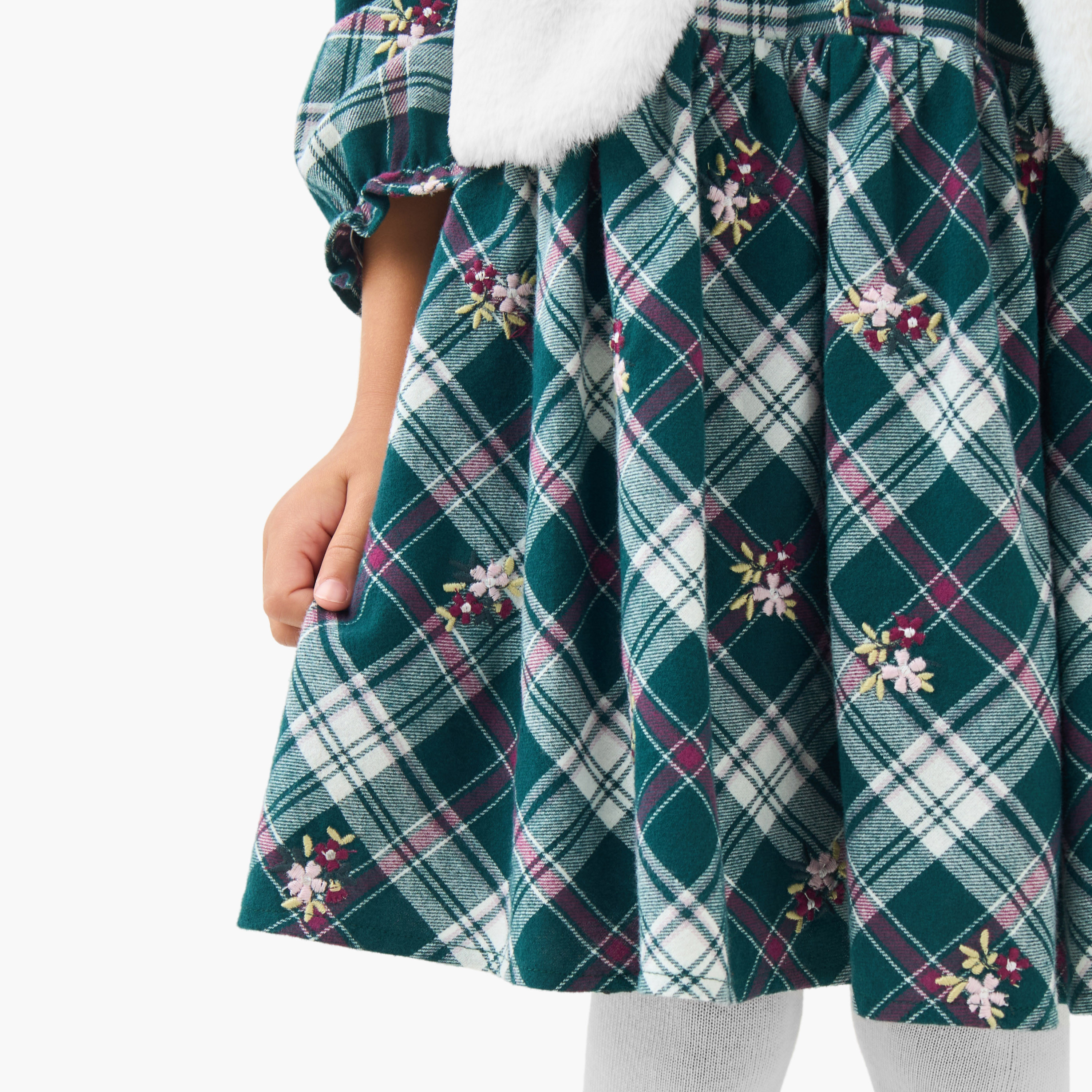 Eligo Henley Neck Long Sleeves Knee Length Dress with Checked Design-girls-clothing-winterwear-dresses-image-7