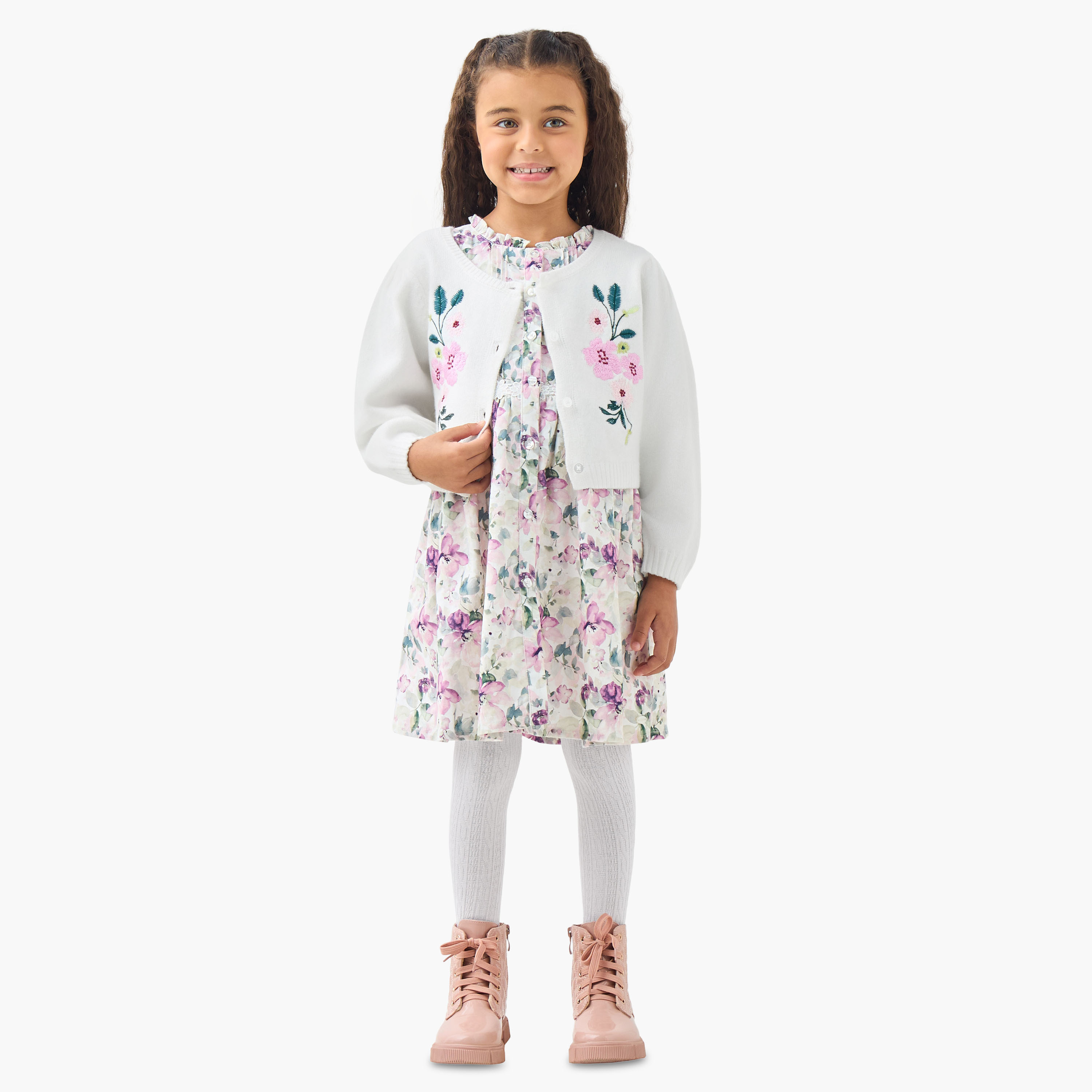 فستان بياقة ماندرين وأكمام قصيرة مع كارديغان وجوارب طويلة من إليجو-girls-clothing-dressesandjumpsuits-image-1