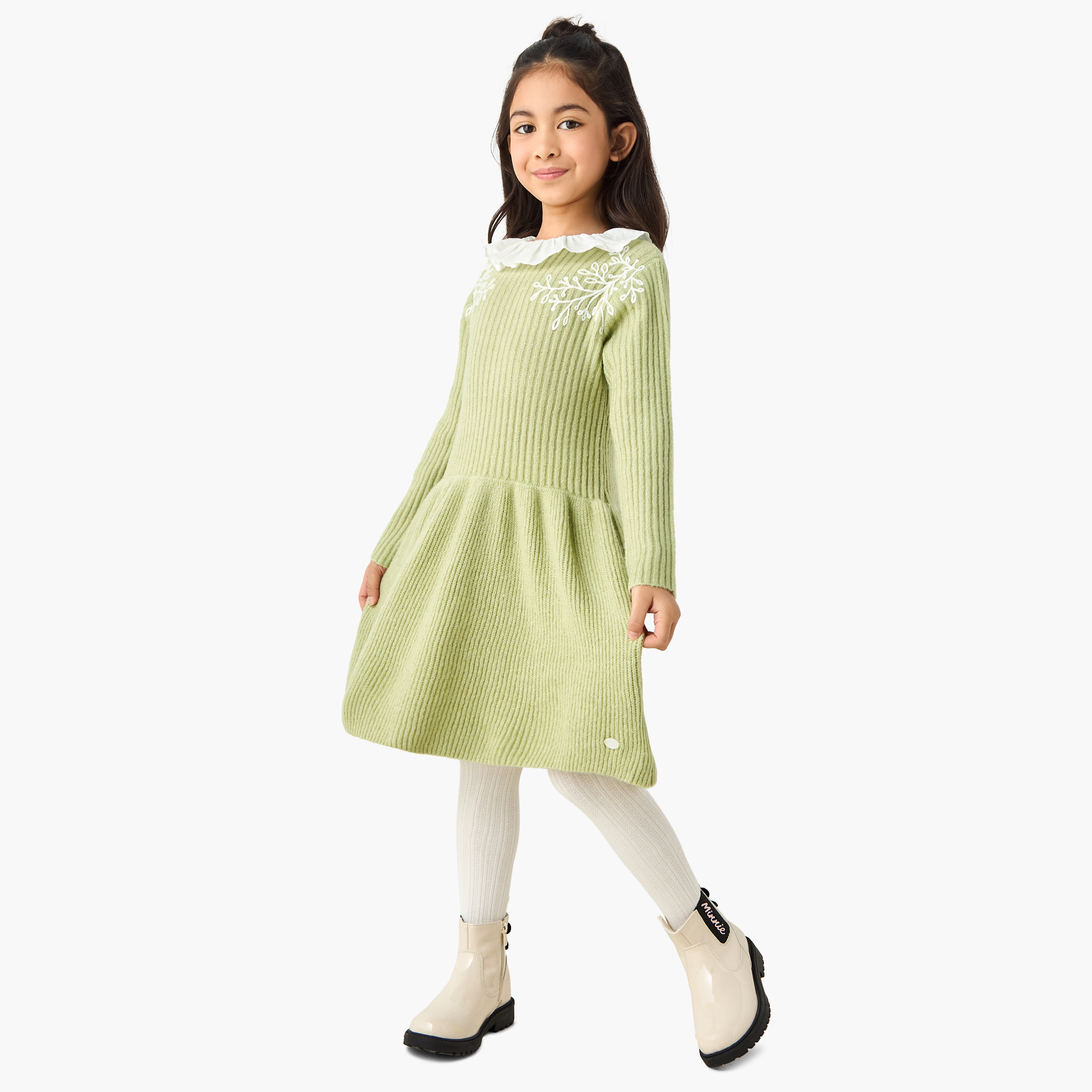 Eligo Collared Long Sleeves Knee Length Dress with Embroidery-girls-clothing-dressesandjumpsuits-image-1