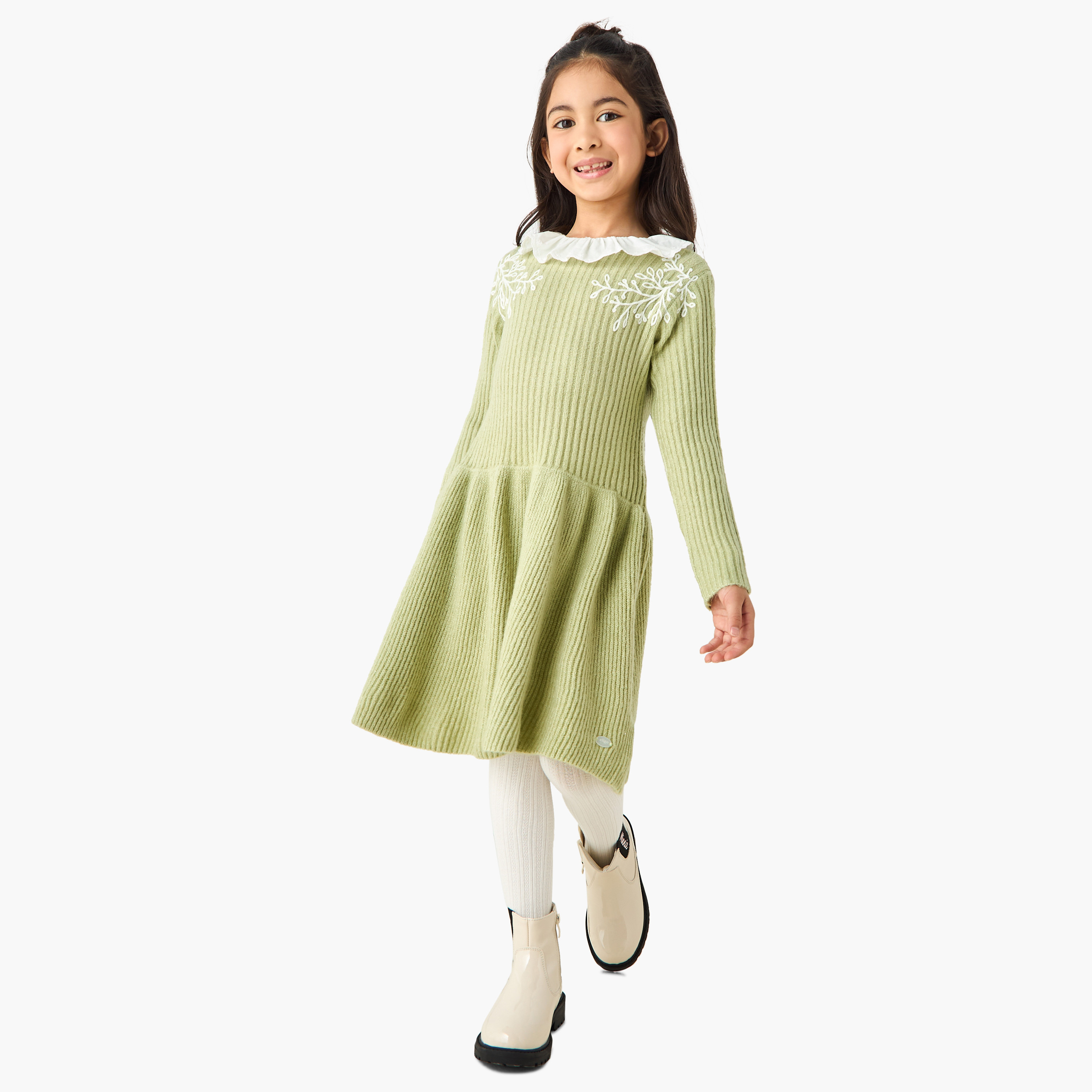 Eligo Collared Long Sleeves Knee Length Dress with Embroidery-girls-clothing-dressesandjumpsuits-image-2