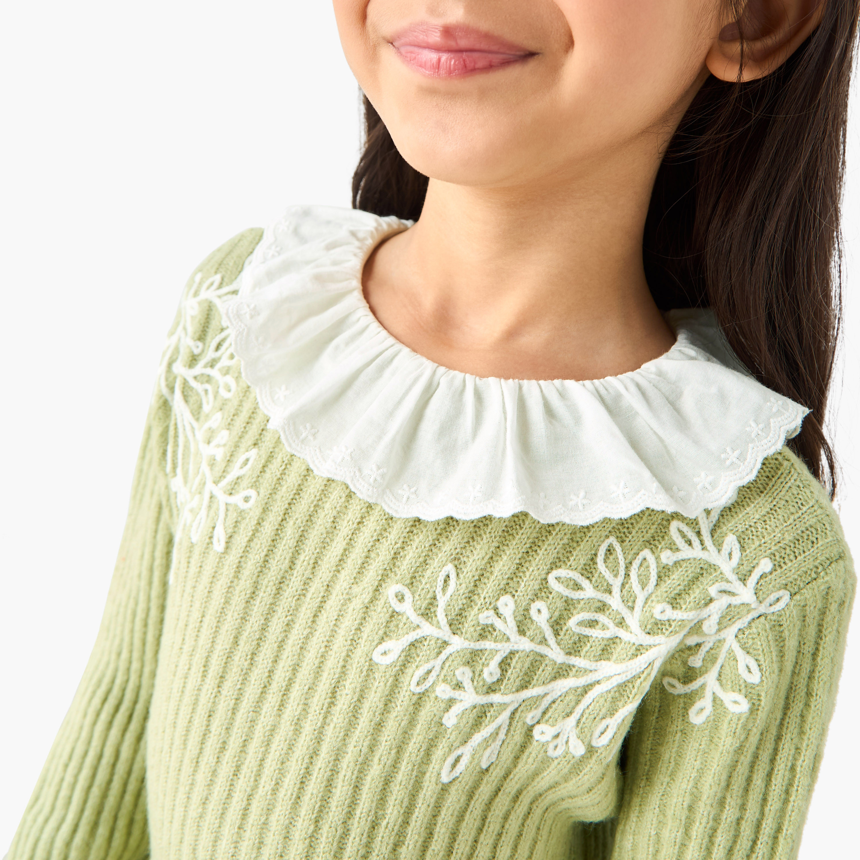 Eligo Collared Long Sleeves Knee Length Dress with Embroidery-girls-clothing-dressesandjumpsuits-image-4