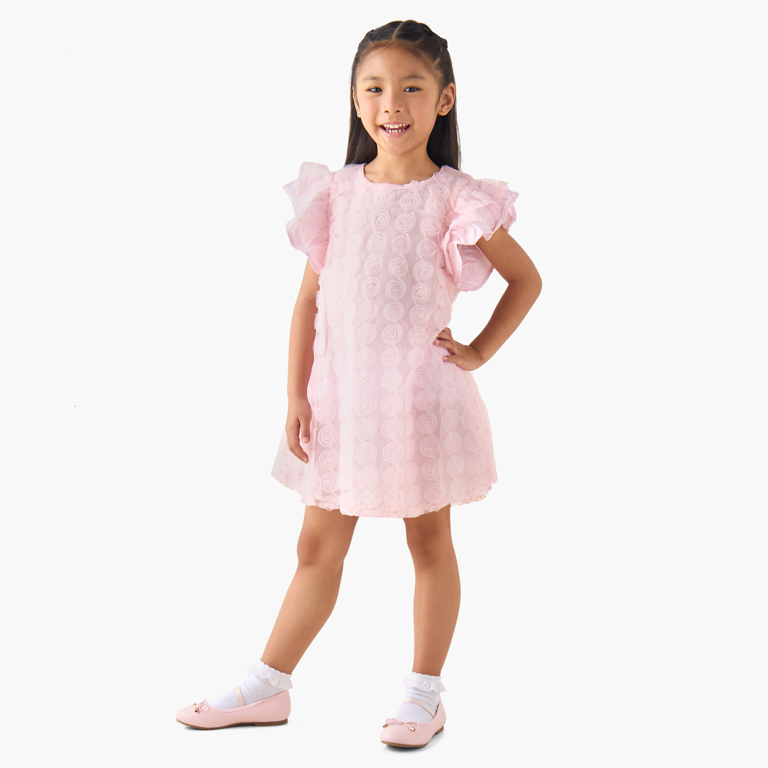 فستان بأكمام كاب وياقة مستديرة وزهور شبكية من إليجو-girls-clothing-dressesandjumpsuits-image-2