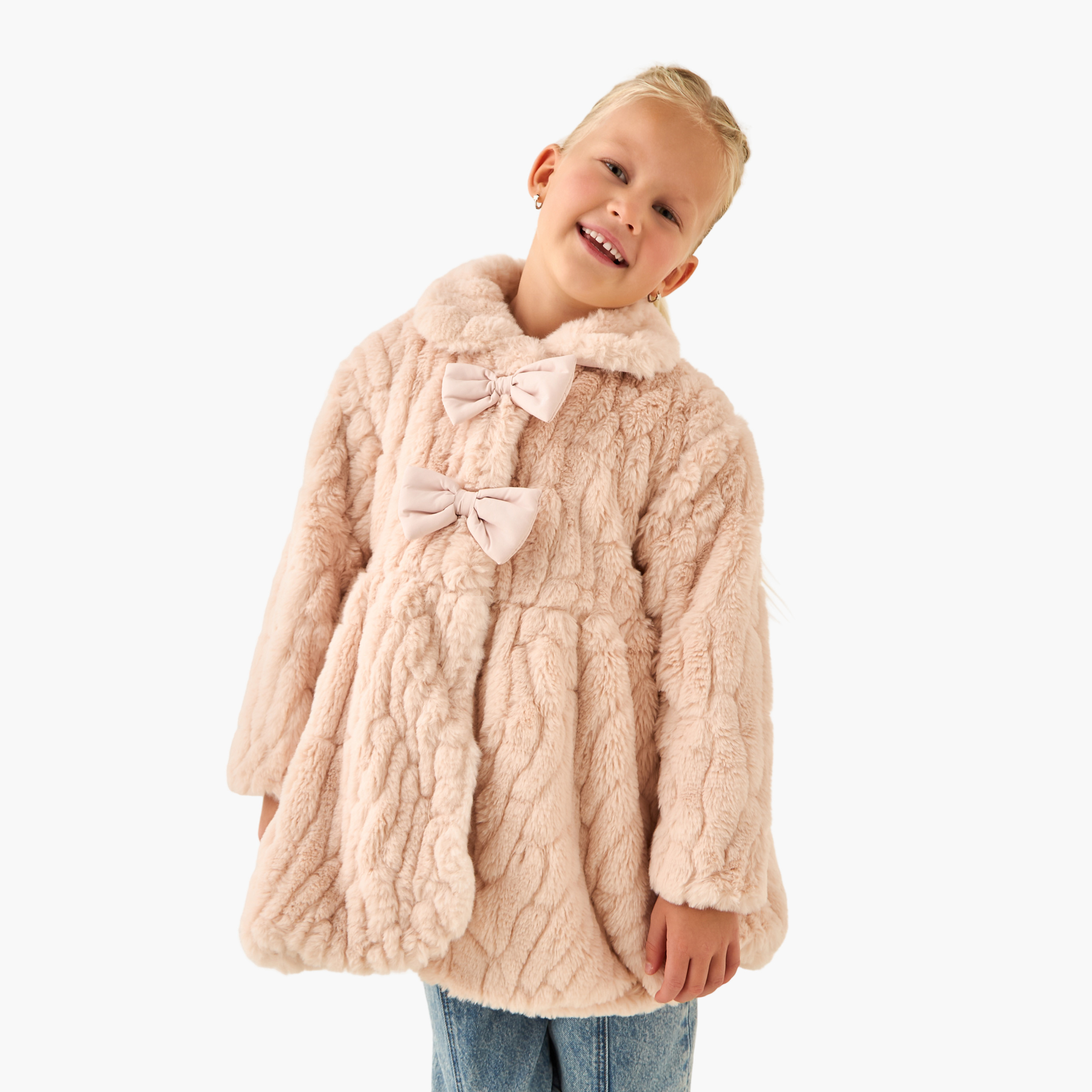Eligo Bow Accent Collared Jacket with Long Sleeves-baby-girls-clothing-winterwear-jacketsandcoats-image-1