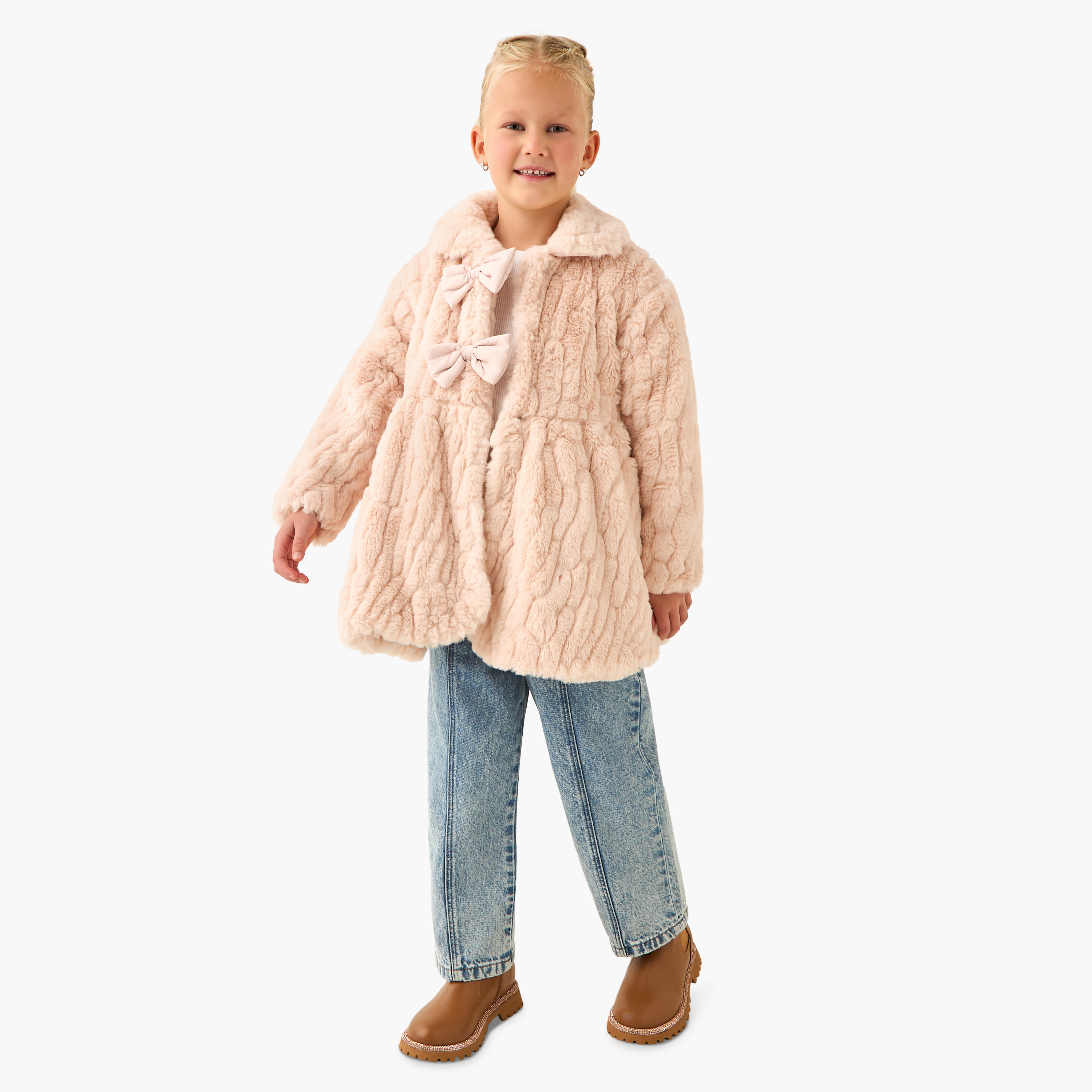 Eligo Bow Accent Collared Jacket with Long Sleeves-baby-girls-clothing-winterwear-jacketsandcoats-image-2