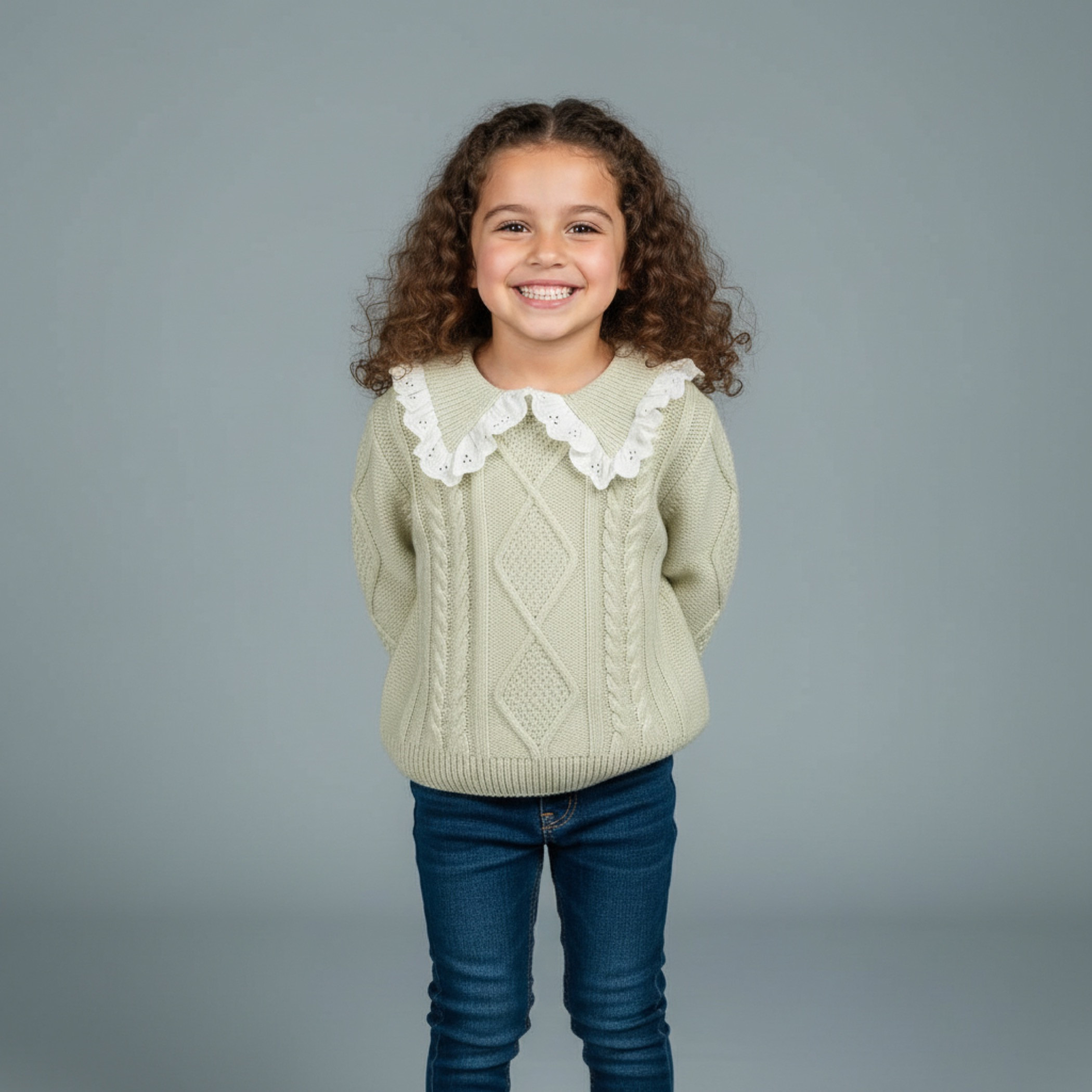 Eligo Cable Knit Textured Sweater with Scalloped Trim Collar and Long Sleeves-girls-clothing-winterwear-jumpersandcardigans-image-1