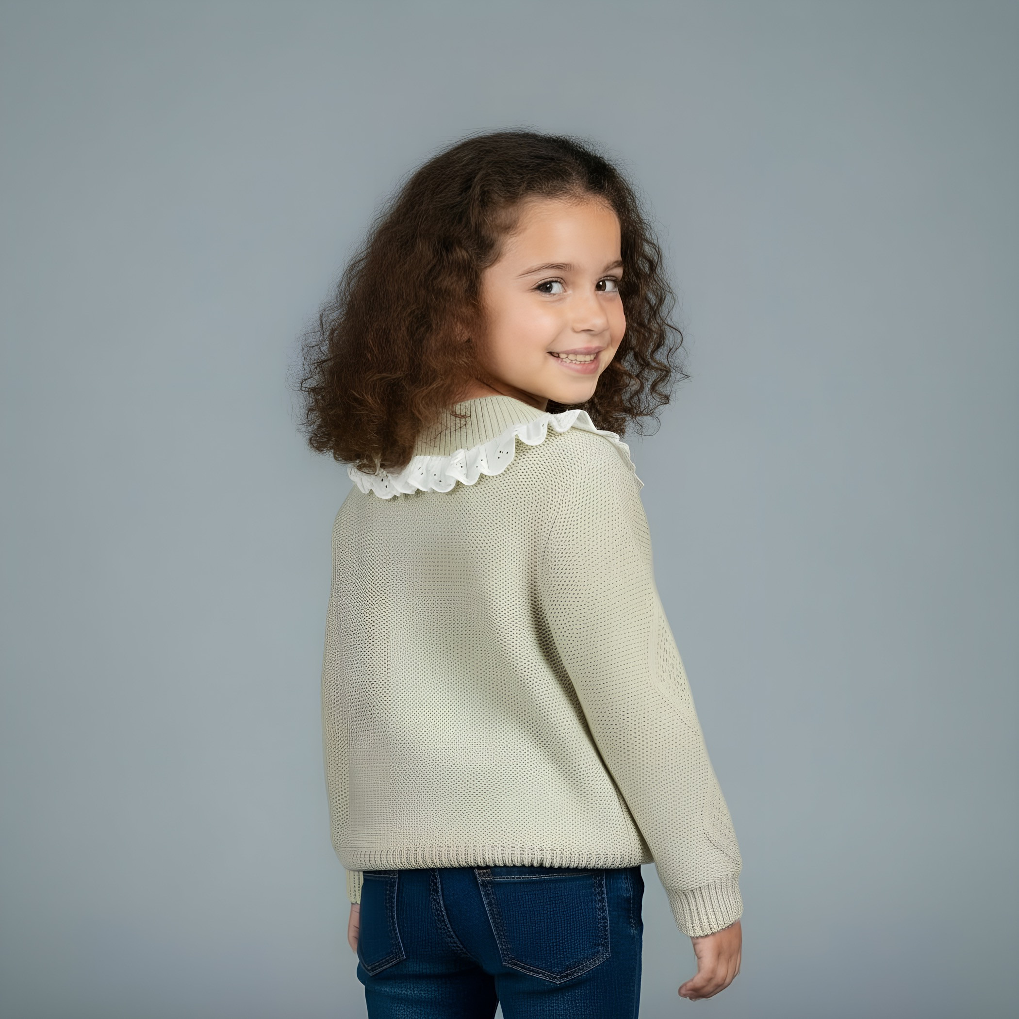 Eligo Cable Knit Textured Sweater with Scalloped Trim Collar and Long Sleeves-girls-clothing-winterwear-jumpersandcardigans-image-2
