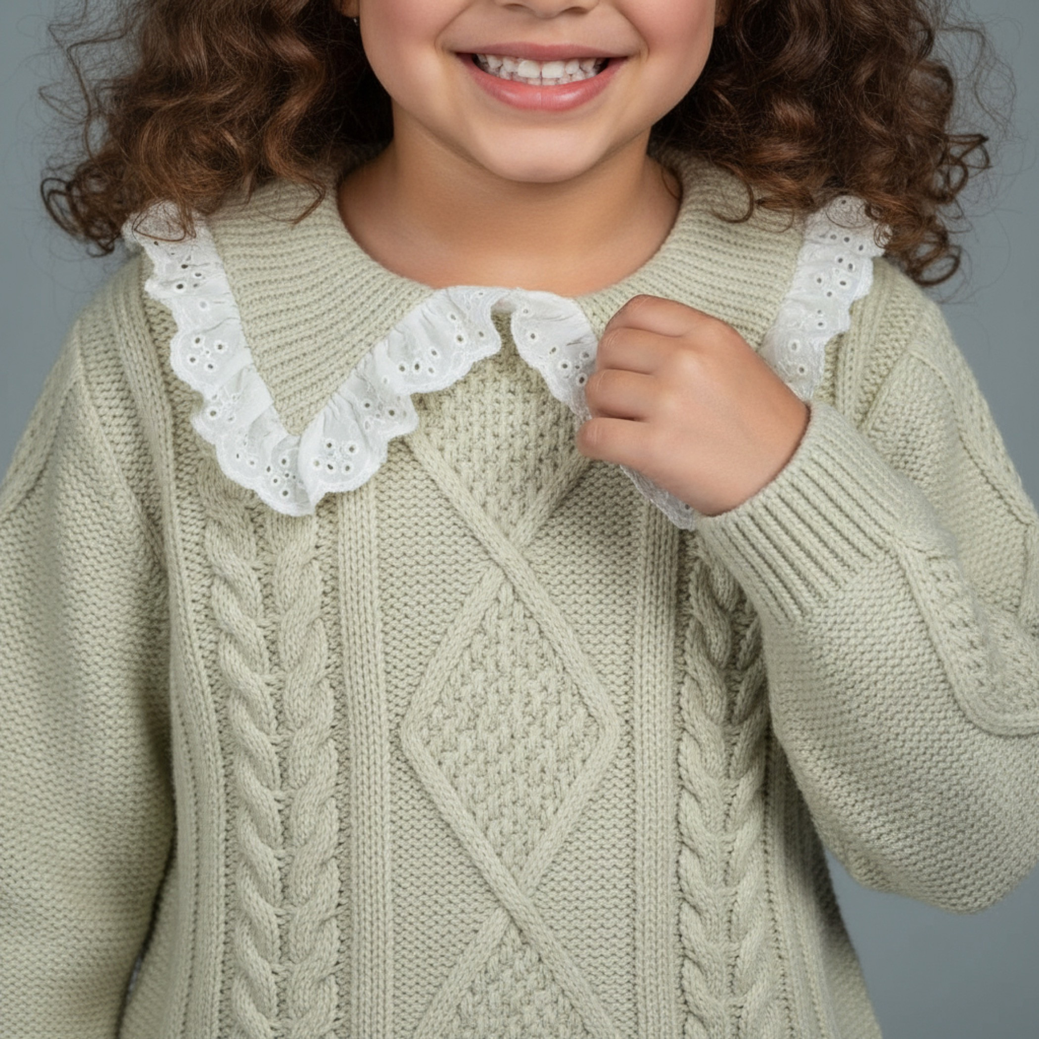 Eligo Cable Knit Textured Sweater with Scalloped Trim Collar and Long Sleeves-girls-clothing-winterwear-jumpersandcardigans-image-3