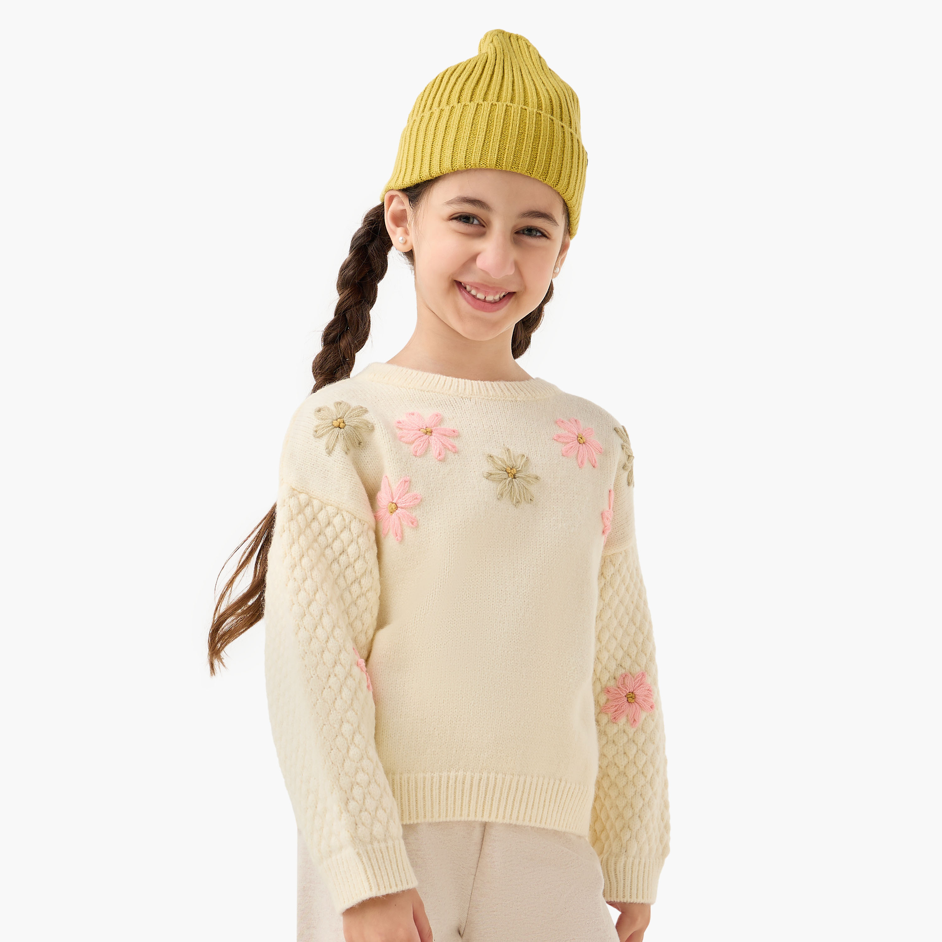 كنزة بأكمام طويلة وتطريز زهري من إليجو-girls-clothing-winterwear-jumpersandcardigans-image-1