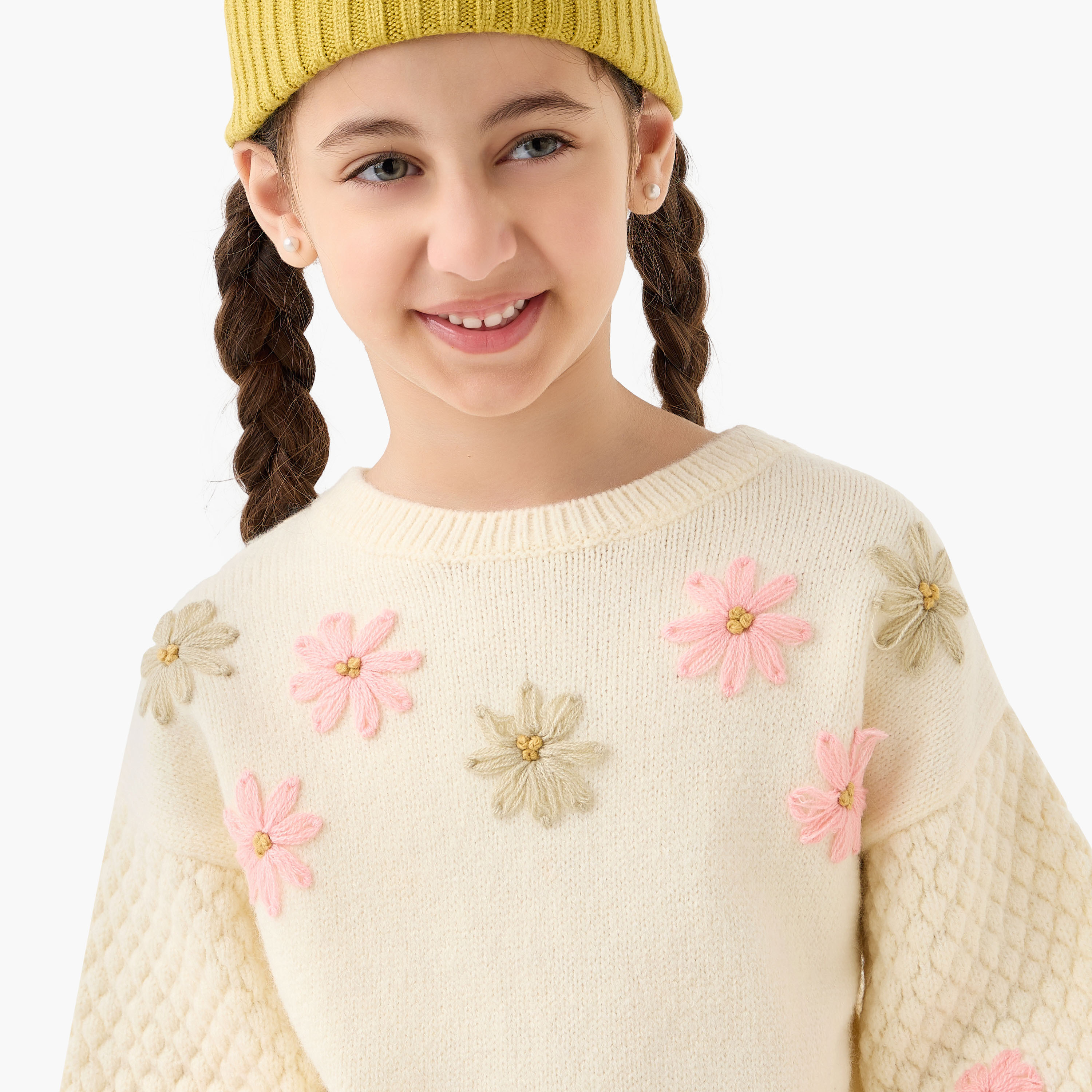 كنزة بأكمام طويلة وتطريز زهري من إليجو-girls-clothing-winterwear-jumpersandcardigans-image-4
