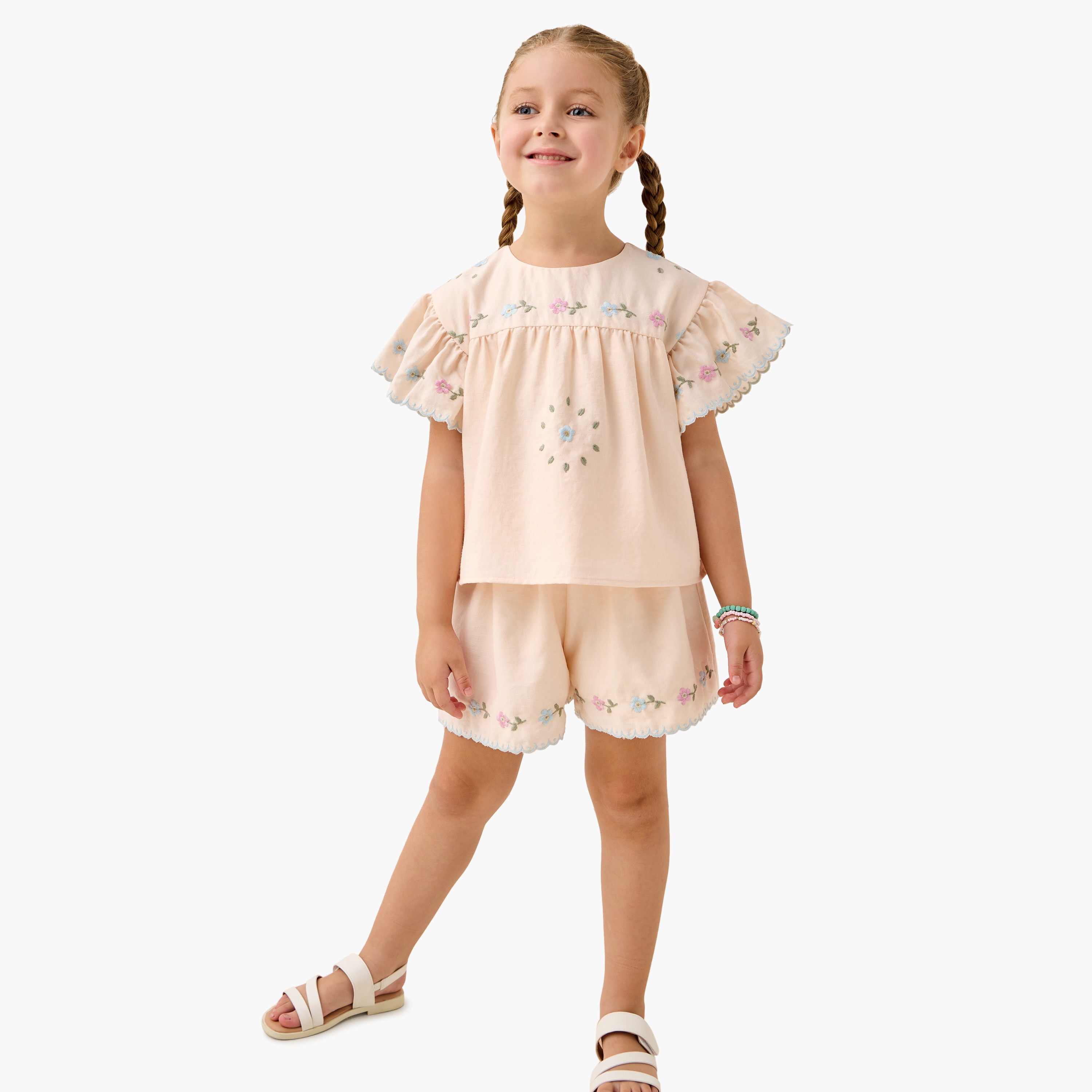 Eligo Embroidered Ruffled Sleeve Top and Shorts Set-girls-clothing-setsandcoords-image-1