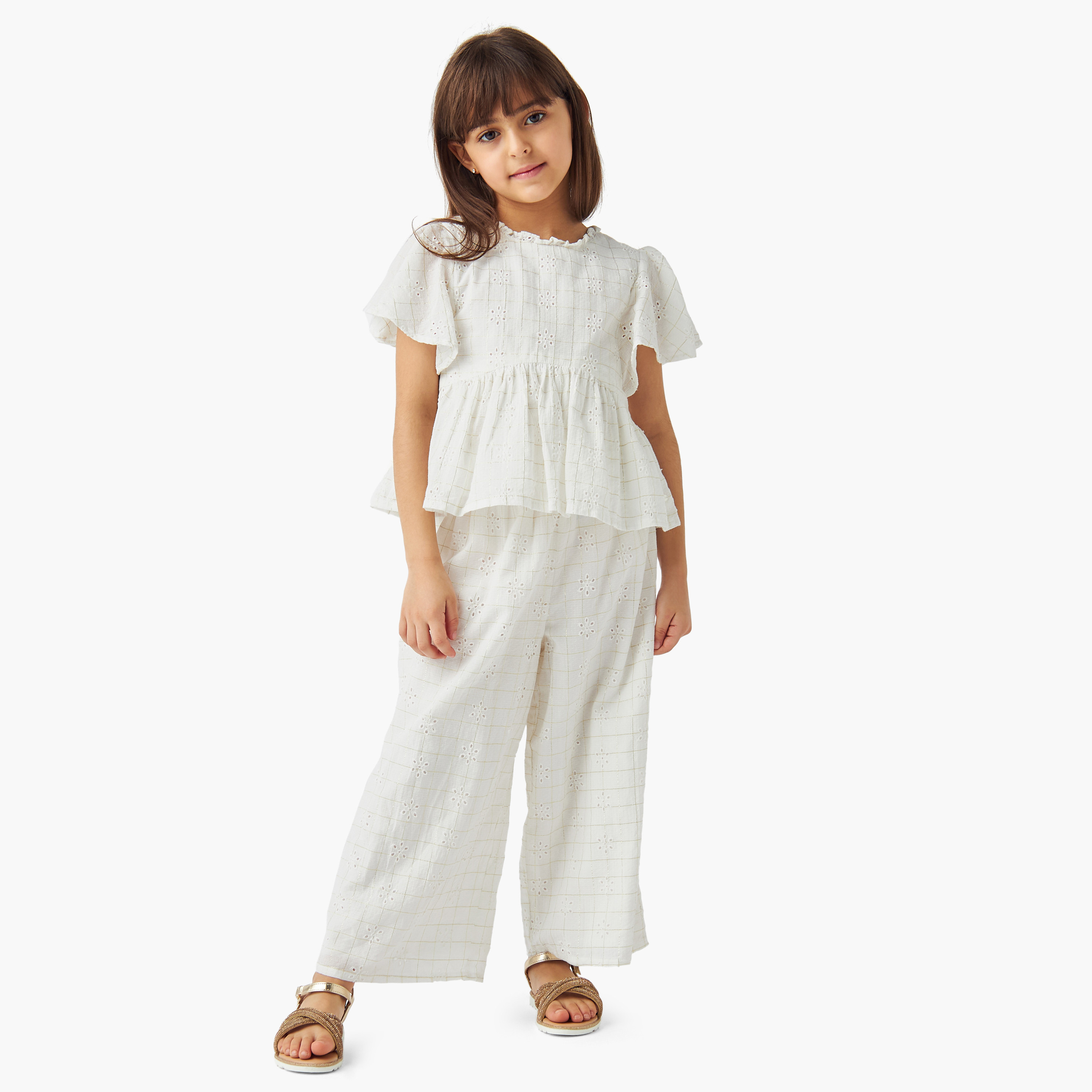 Eligo Schiffli Textured Pie-Crust Neck Peplum Top and Pants Set-baby-girls-clothing-setsandcoords-image-1