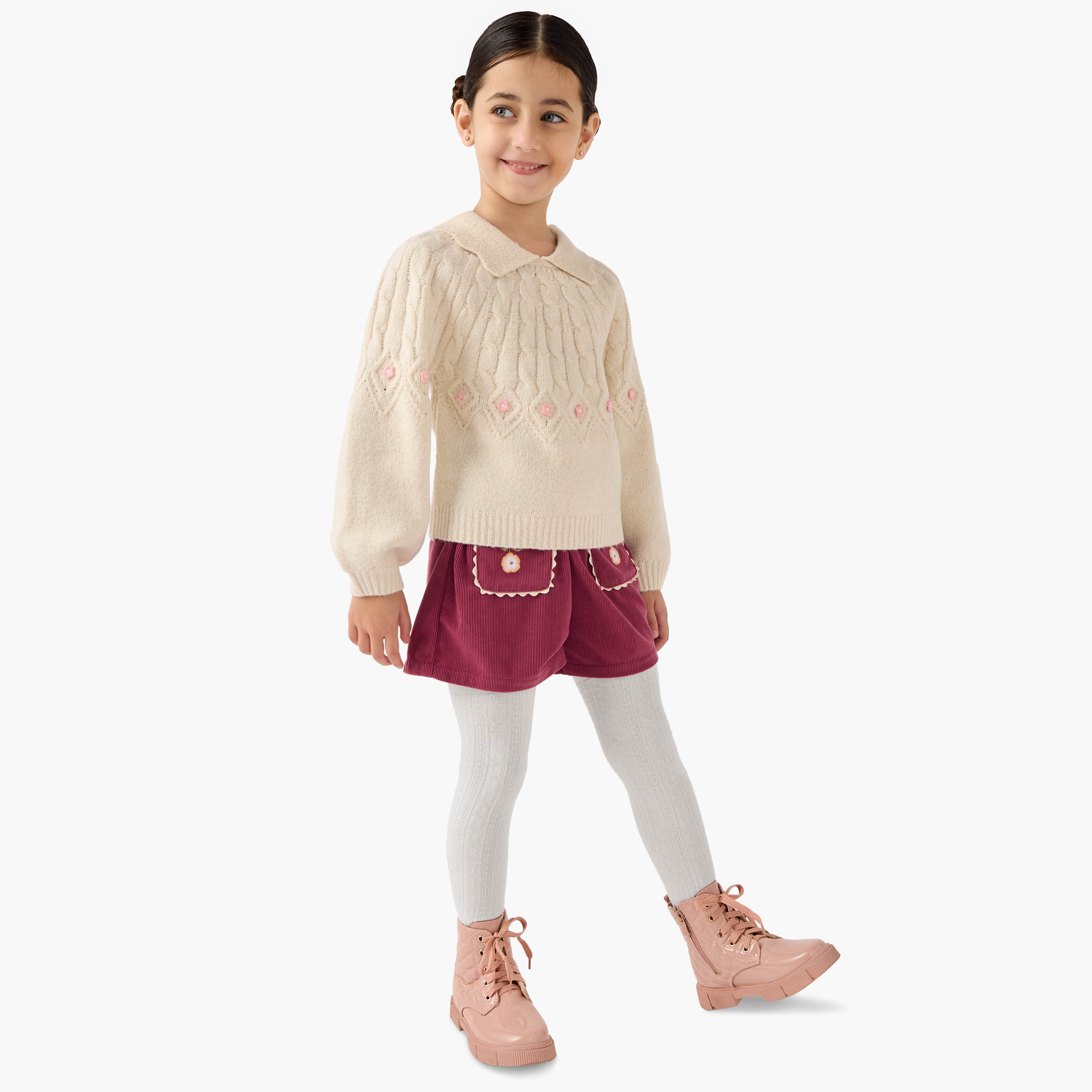 Eligo Textured Collared Pullover with Shorts and Tights-girls-clothing-setsandcoords-image-1