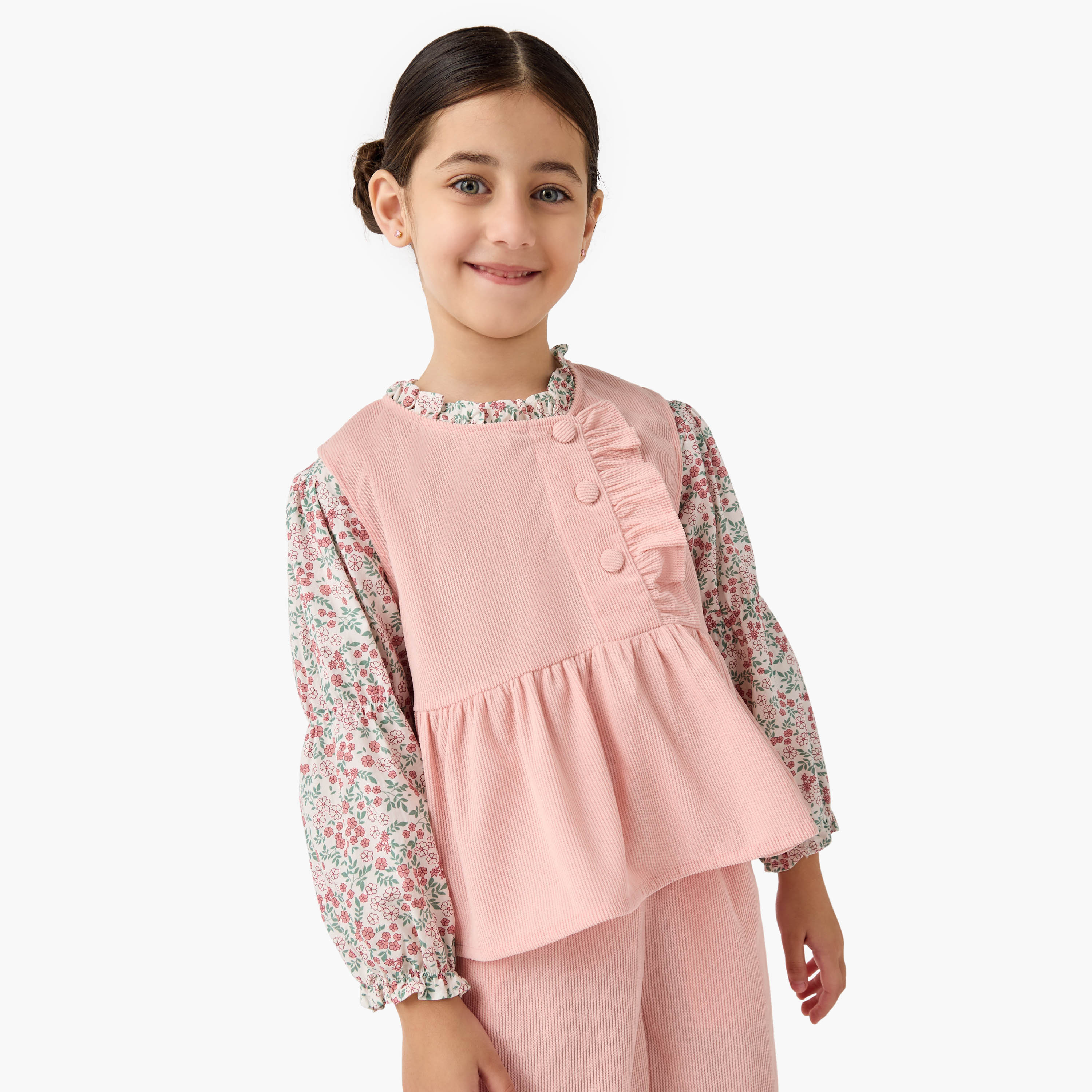 طقم بنطلون وبلوزة بطبعات زهرية وجاكيت بيبلوم من إليجو -baby-girls-clothing-setsandcoords-image-2