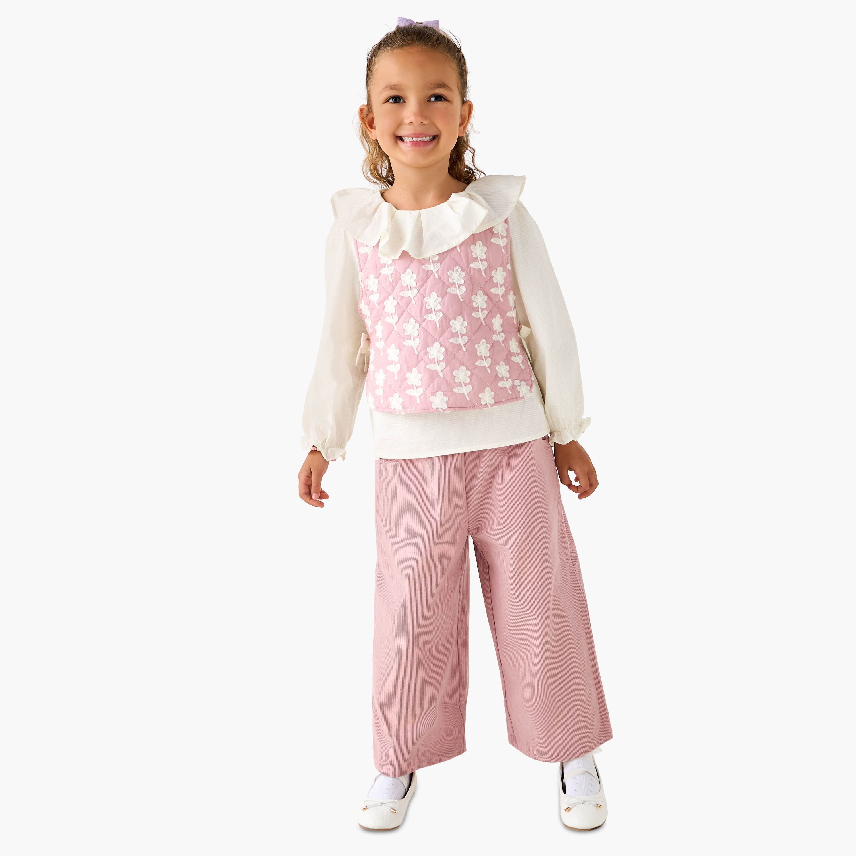 Eligo Ruffle Neck Long Sleeves Top and Pants Set with Vest-girls-clothing-setsandcoords-image-1