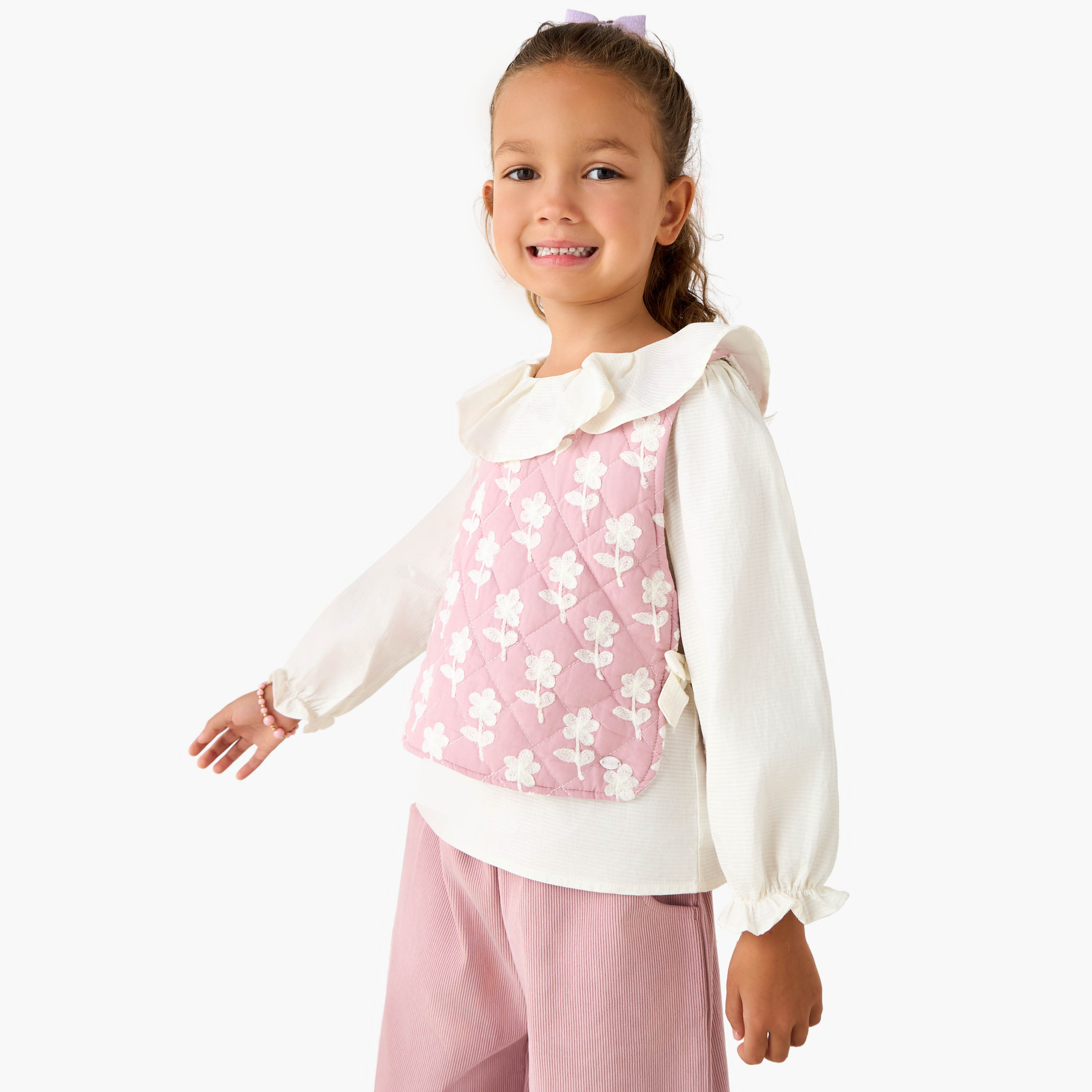 Eligo Ruffle Neck Long Sleeves Top and Pants Set with Vest-girls-clothing-setsandcoords-image-2