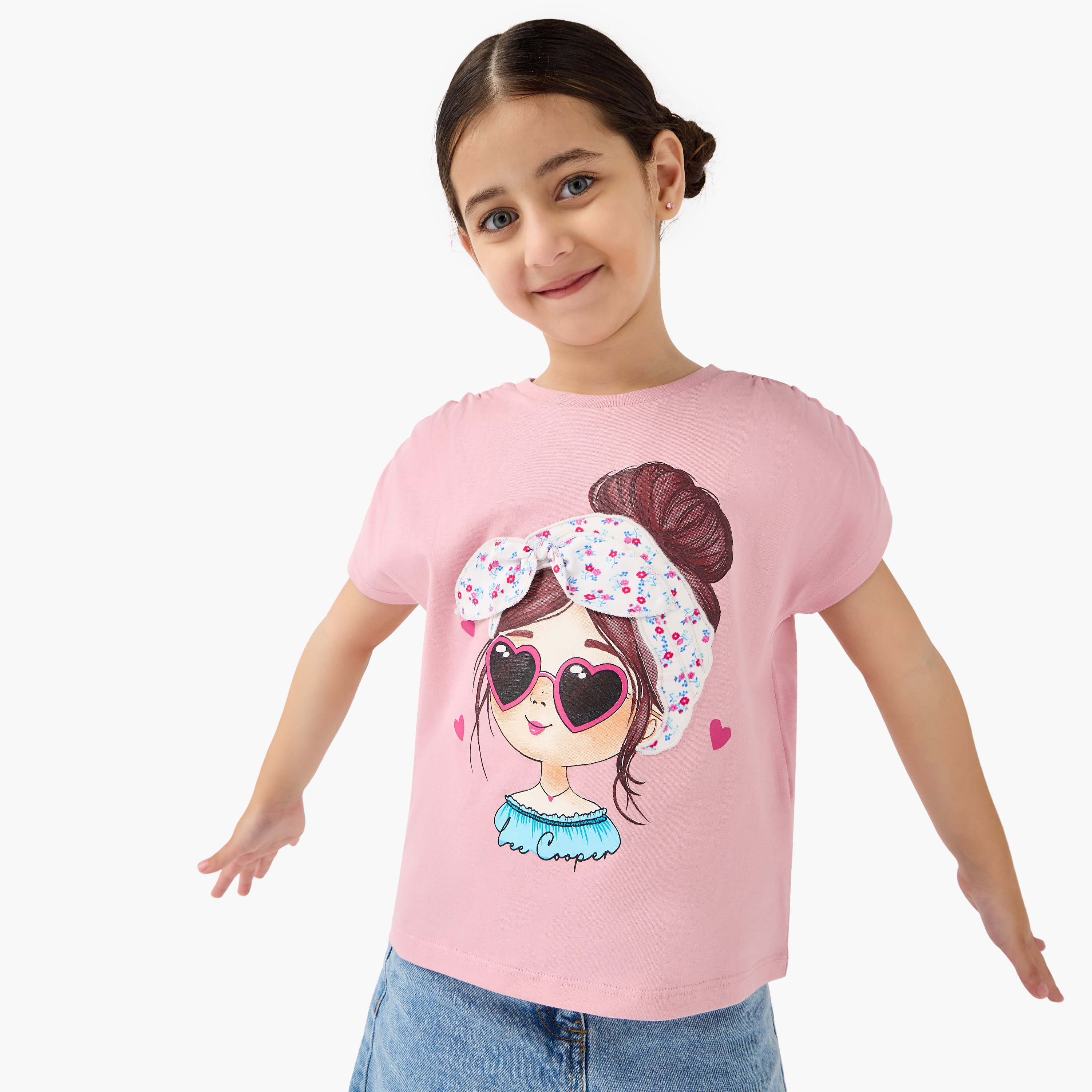 Lee Cooper Graphic Print T-shirt with Ruched Sleeves-girls-clothing-tshirts-image-1