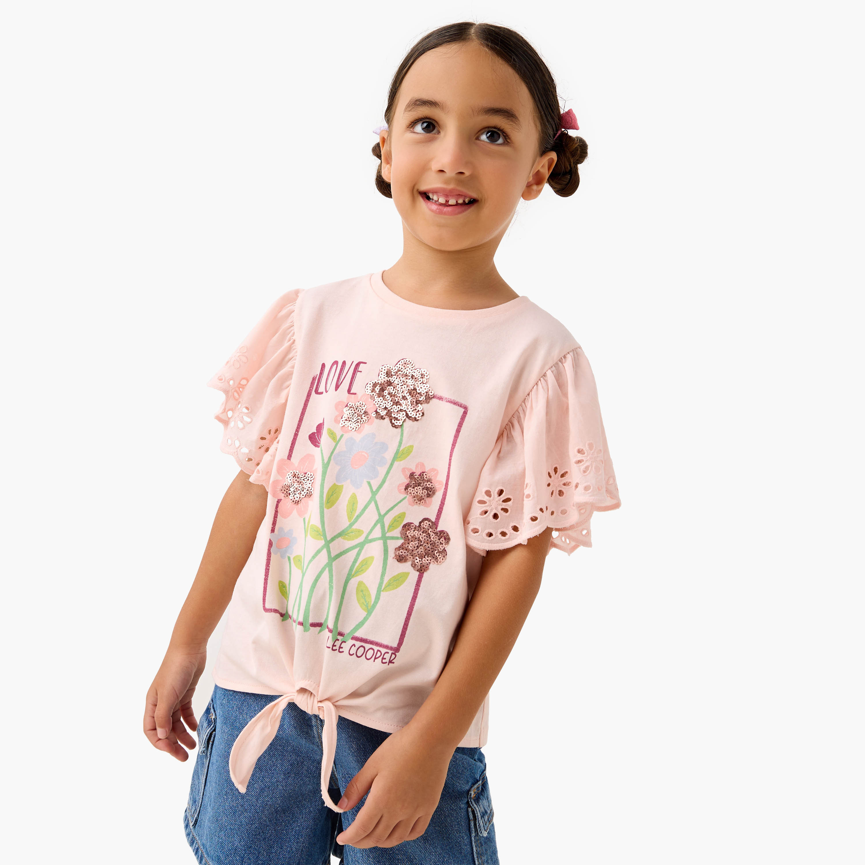 Lee Cooper Floral Sequinned T-shirt with Front Knot Detail-girls-clothing-tshirts-image-1