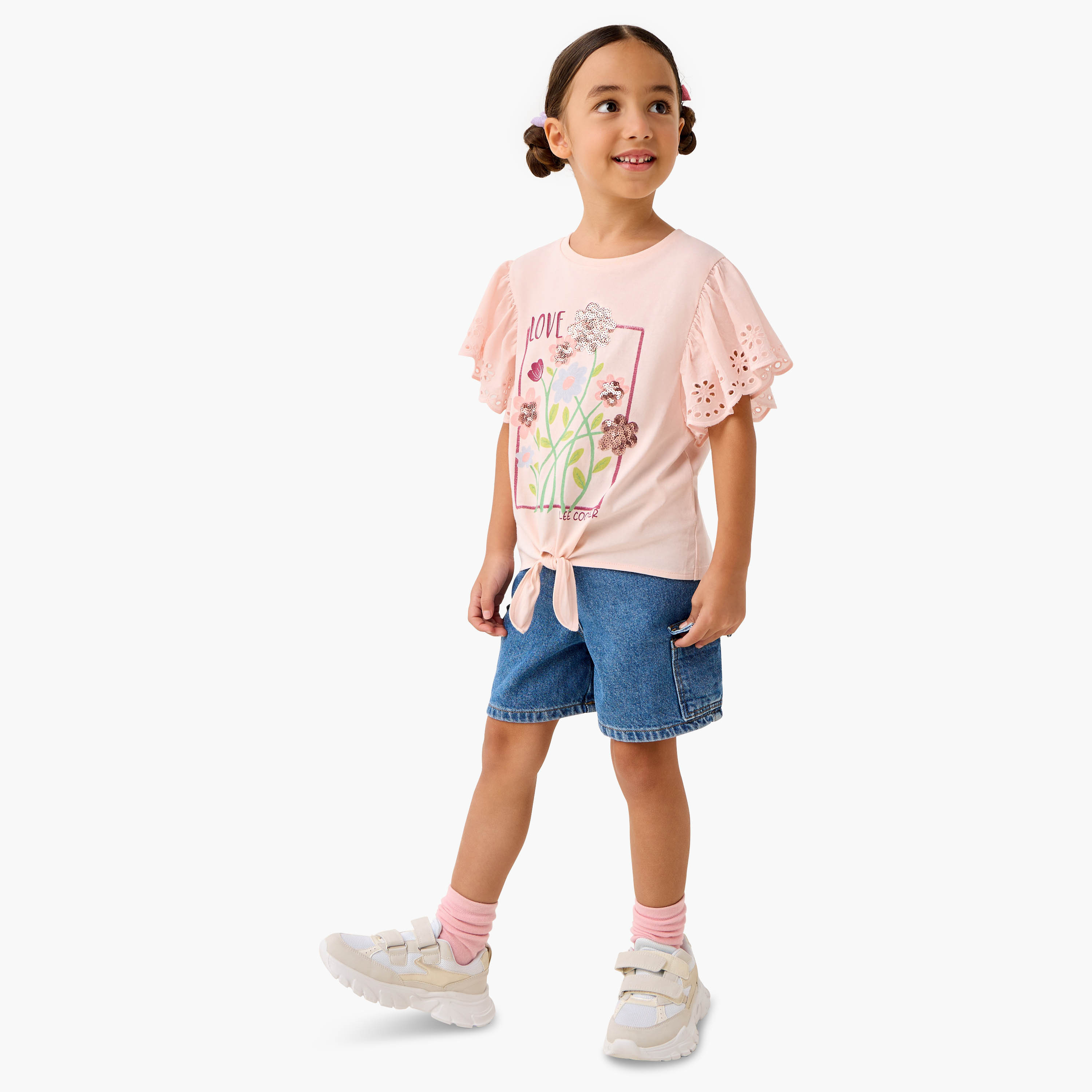 Lee Cooper Floral Sequinned T-shirt with Front Knot Detail-girls-clothing-tshirts-image-2