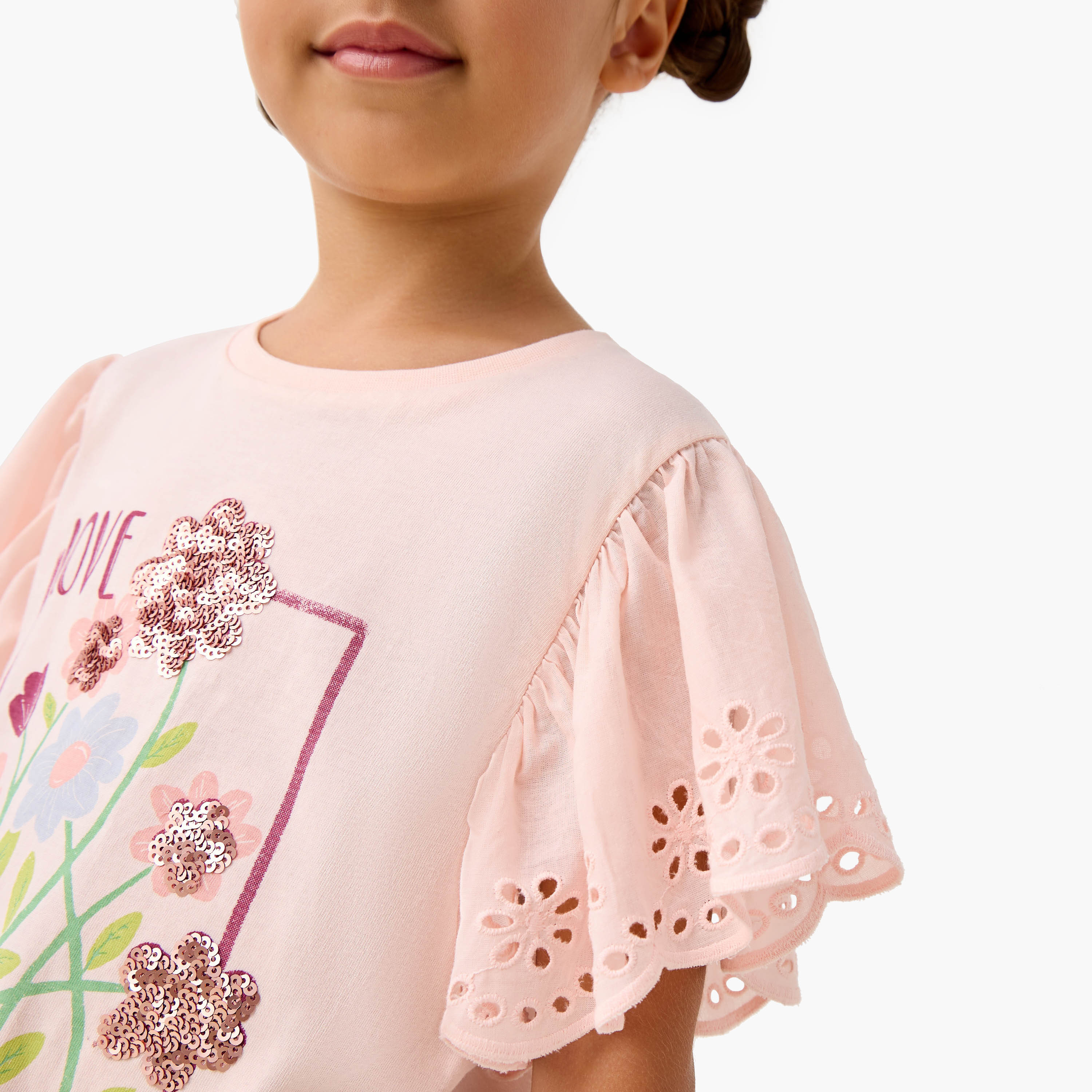 Lee Cooper Floral Sequinned T-shirt with Front Knot Detail-girls-clothing-tshirts-image-4