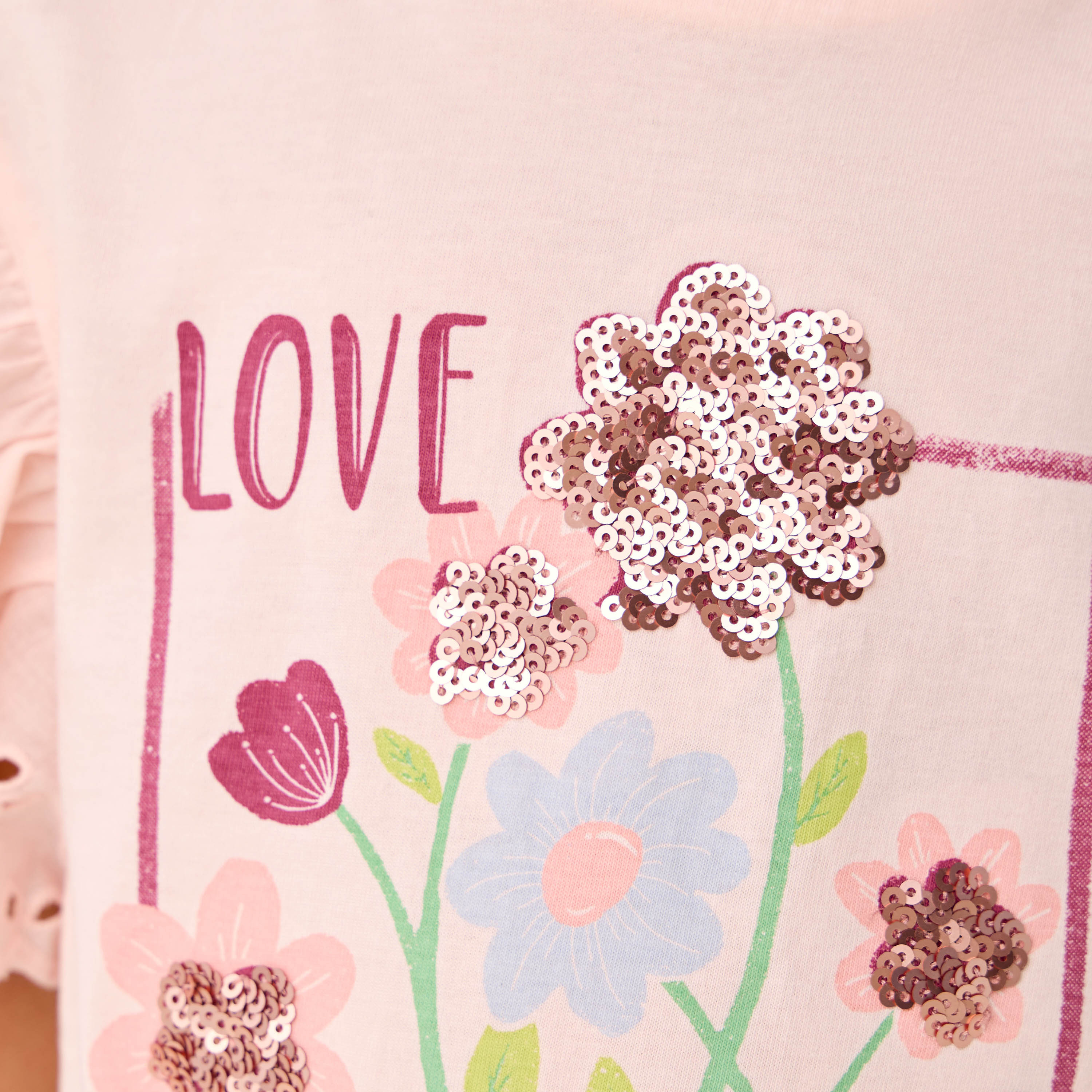 Lee Cooper Floral Sequinned T-shirt with Front Knot Detail-girls-clothing-tshirts-image-5