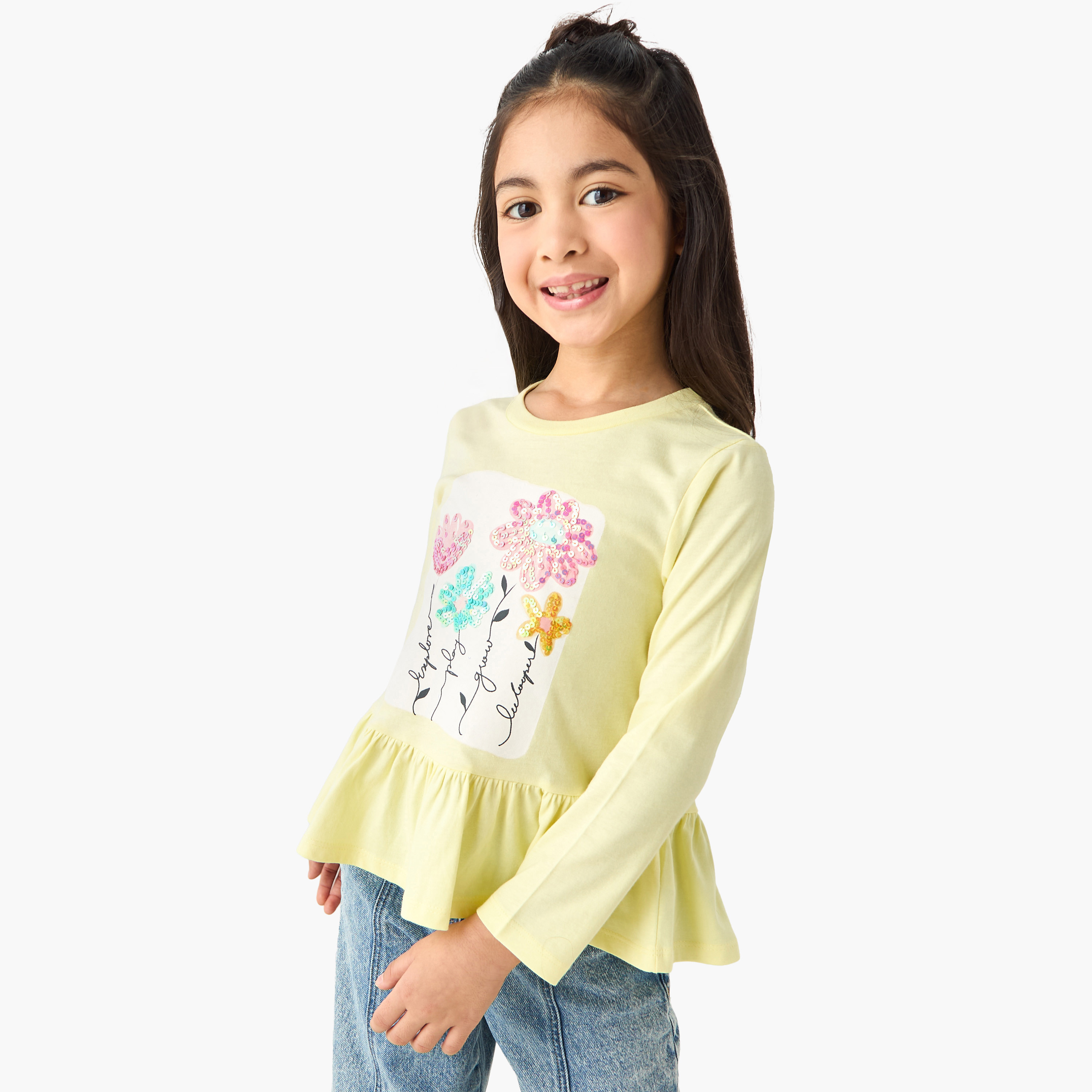 Lee Cooper Girls Crew Neck Peplum T-shirt  with Sequin Detail - Cotton - Long Sleeves-girls-clothing-tshirts-image-1