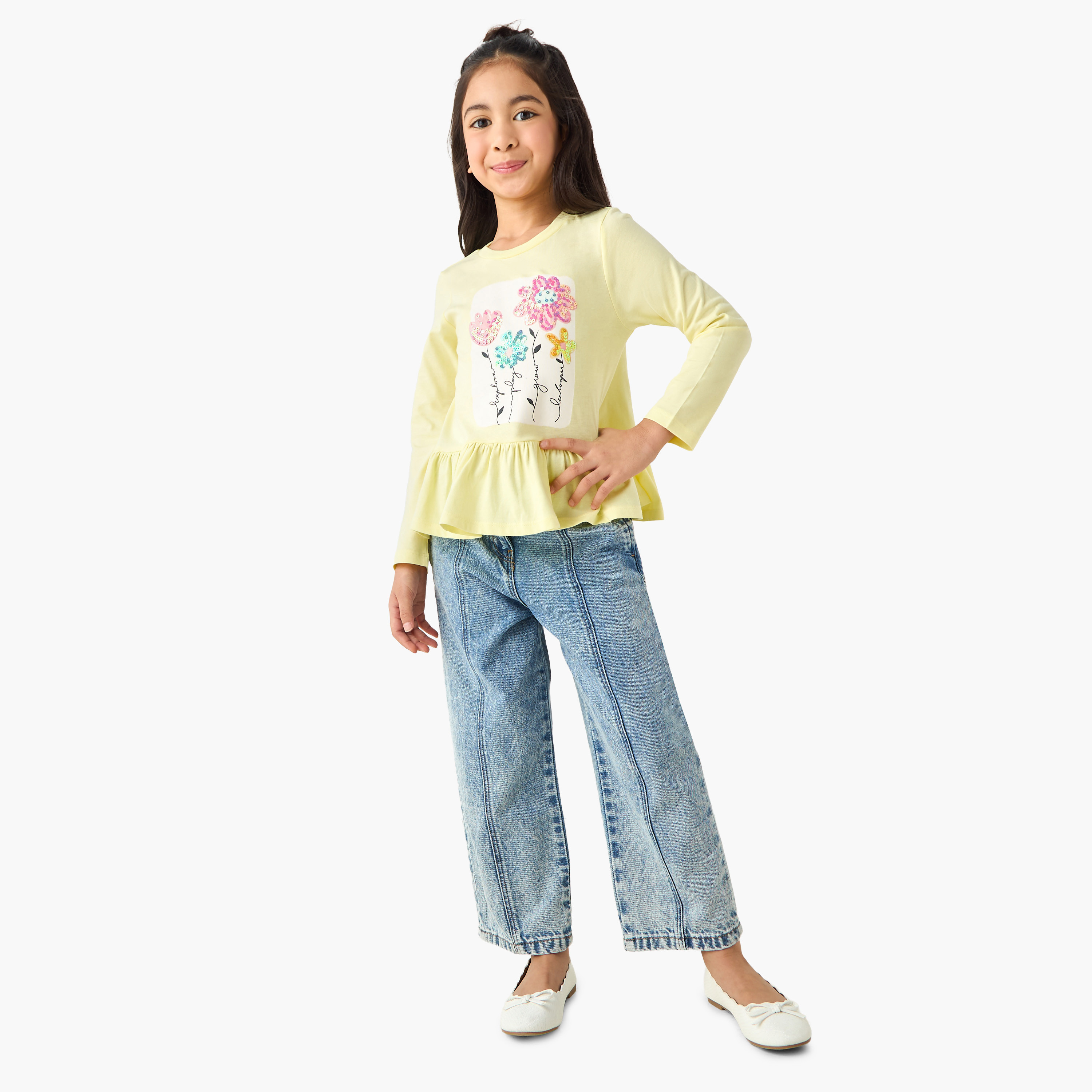 Lee Cooper Girls Crew Neck Peplum T-shirt  with Sequin Detail - Cotton - Long Sleeves-girls-clothing-tshirts-image-2