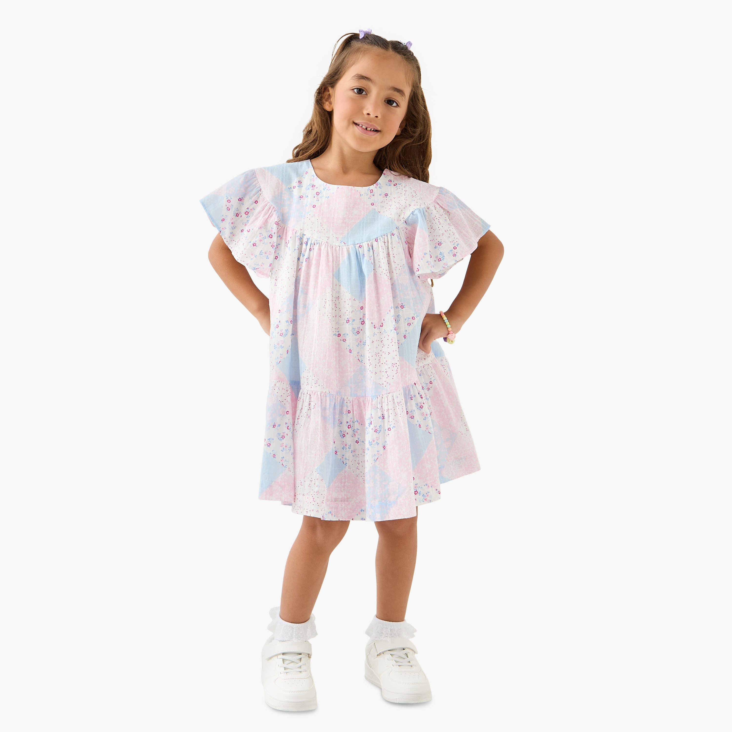 Lee Cooper All-Over Patchwork Print Dress with Flared Sleeves-girls-clothing-dressesandjumpsuits-image-2