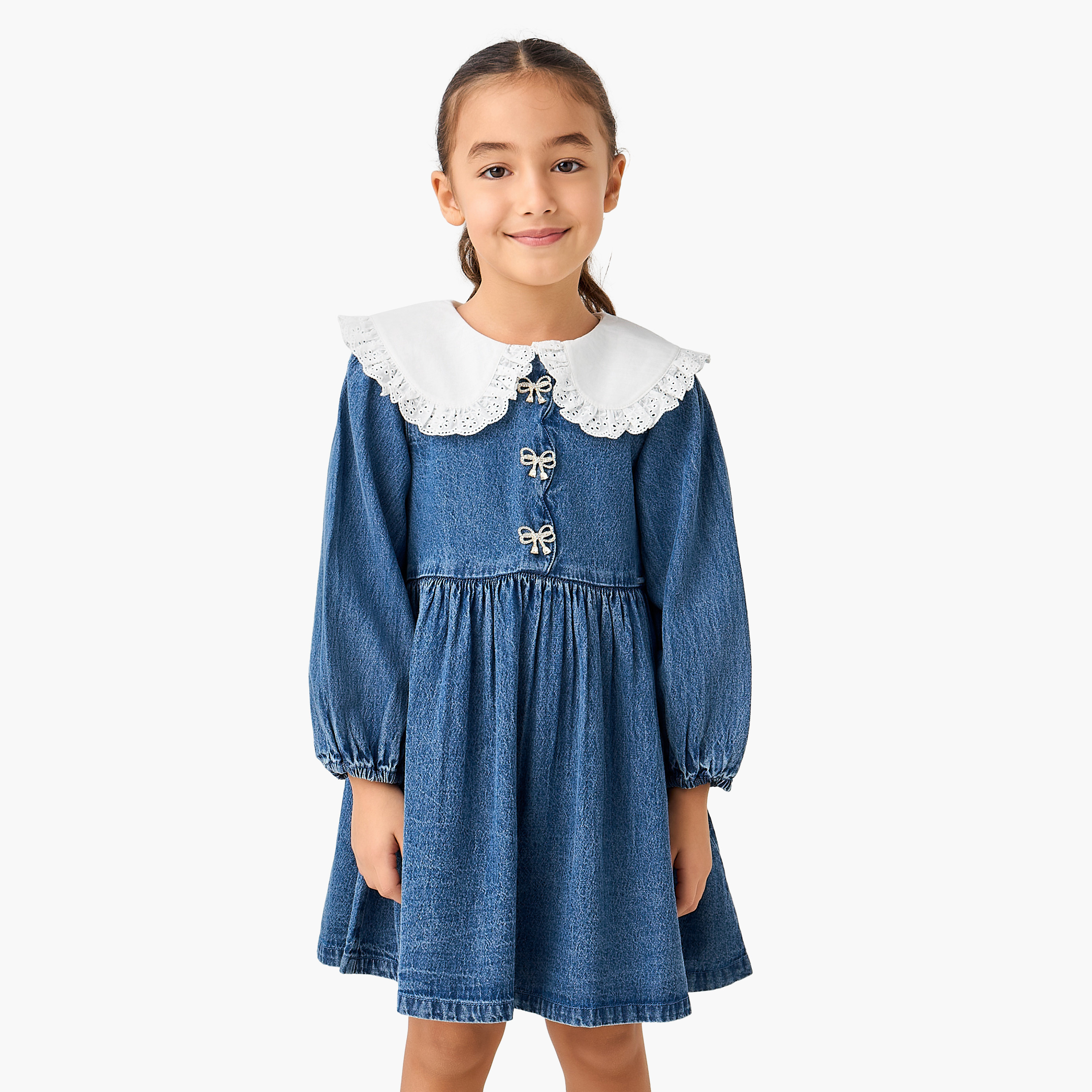 Lee Cooper Peter Pan Collar Long Sleeves Denim Dress with Embellished Bow-girls-clothing-dressesandjumpsuits-image-1