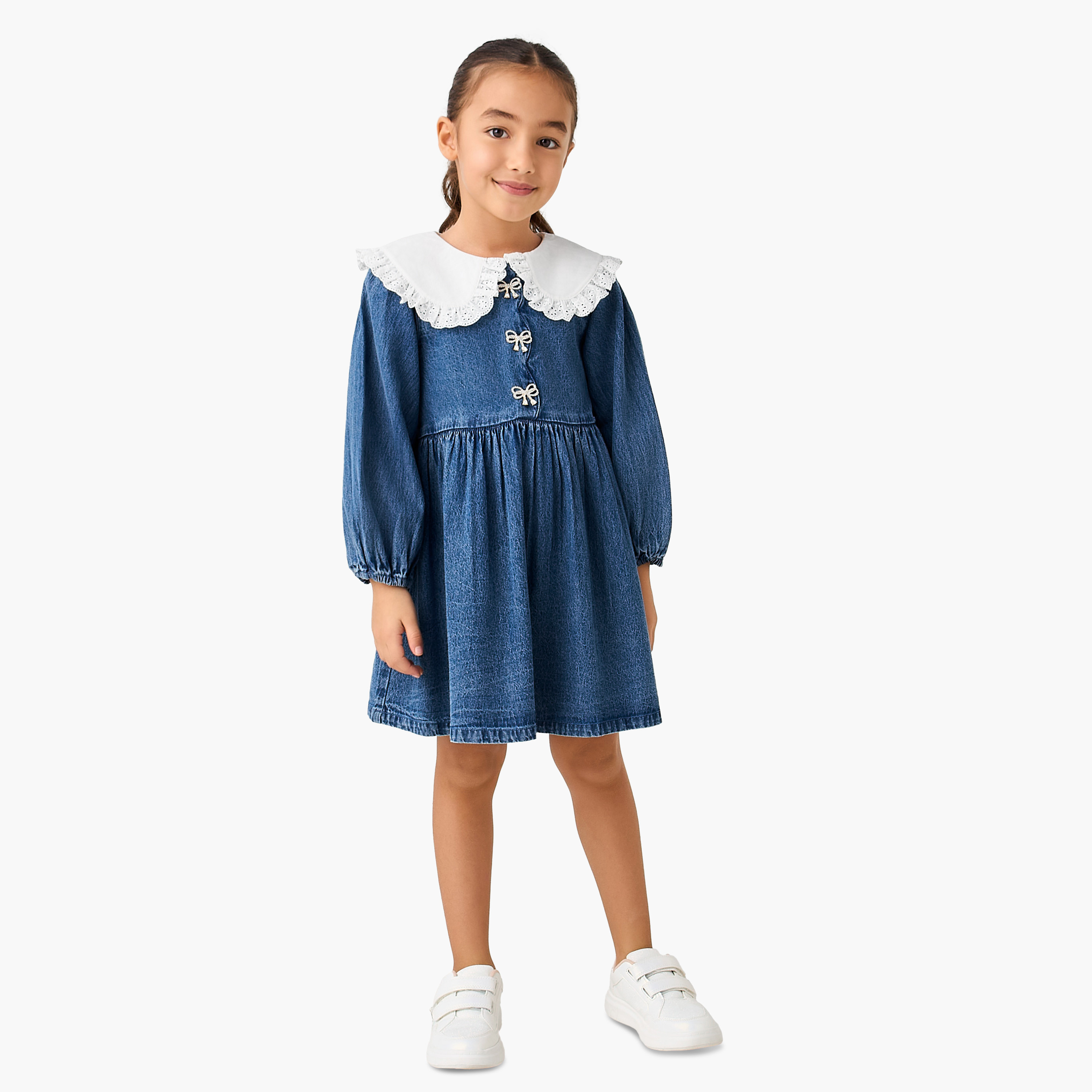 Lee Cooper Peter Pan Collar Long Sleeves Denim Dress with Embellished Bow-girls-clothing-dressesandjumpsuits-image-2