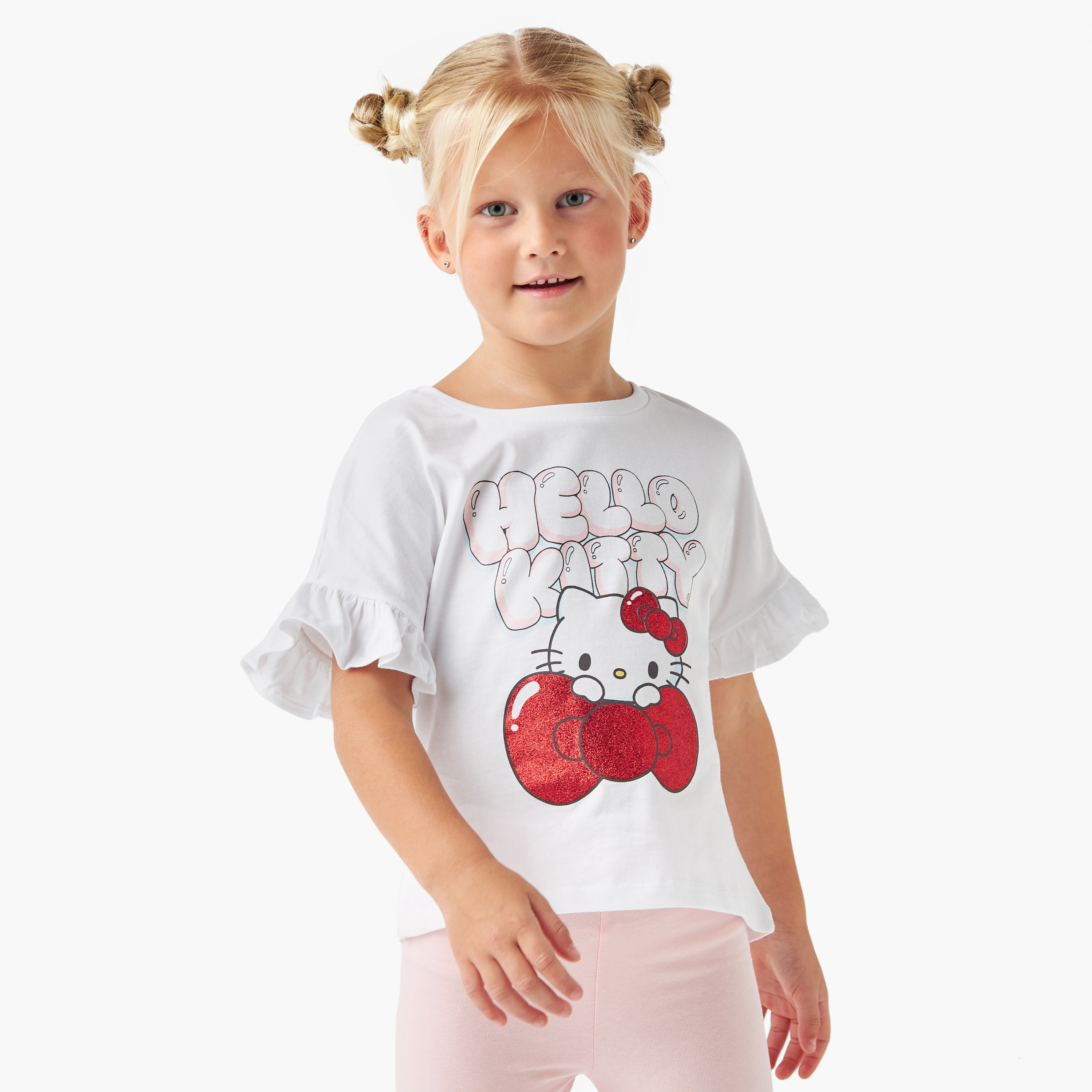 Sanrio Hello Kitty Print T-shirt with Ruffled Short Sleeves-girls-clothing-tshirts-image-1