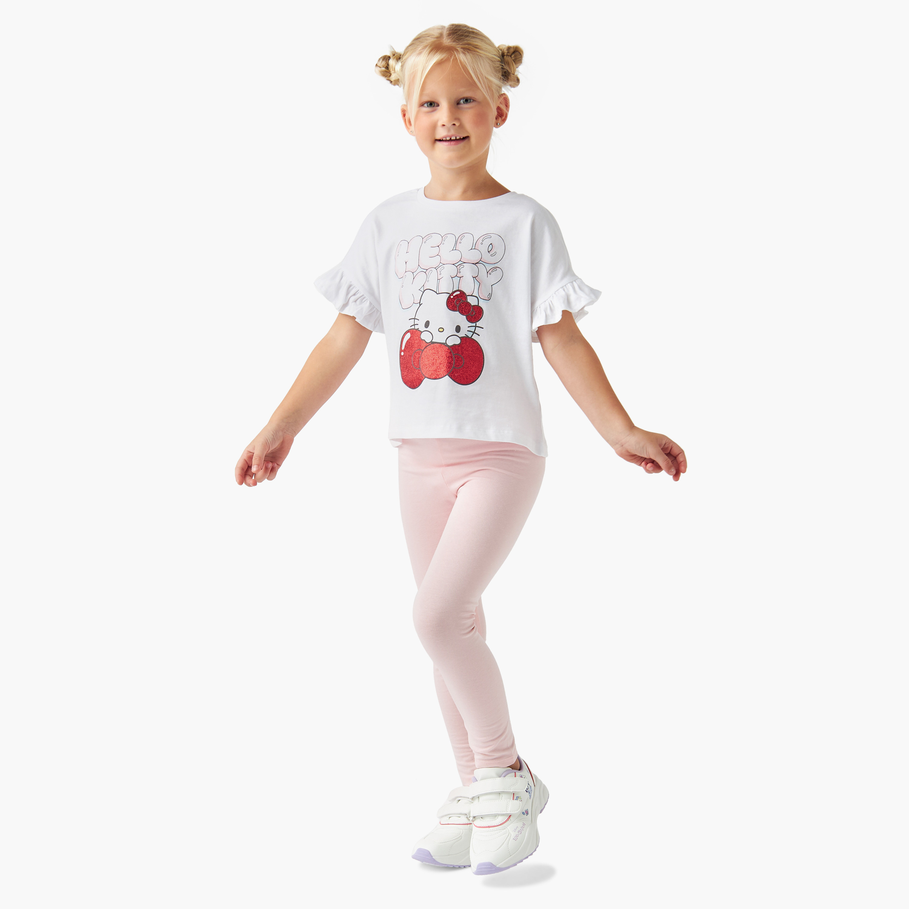Sanrio Hello Kitty Print T-shirt with Ruffled Short Sleeves-girls-clothing-tshirts-image-2