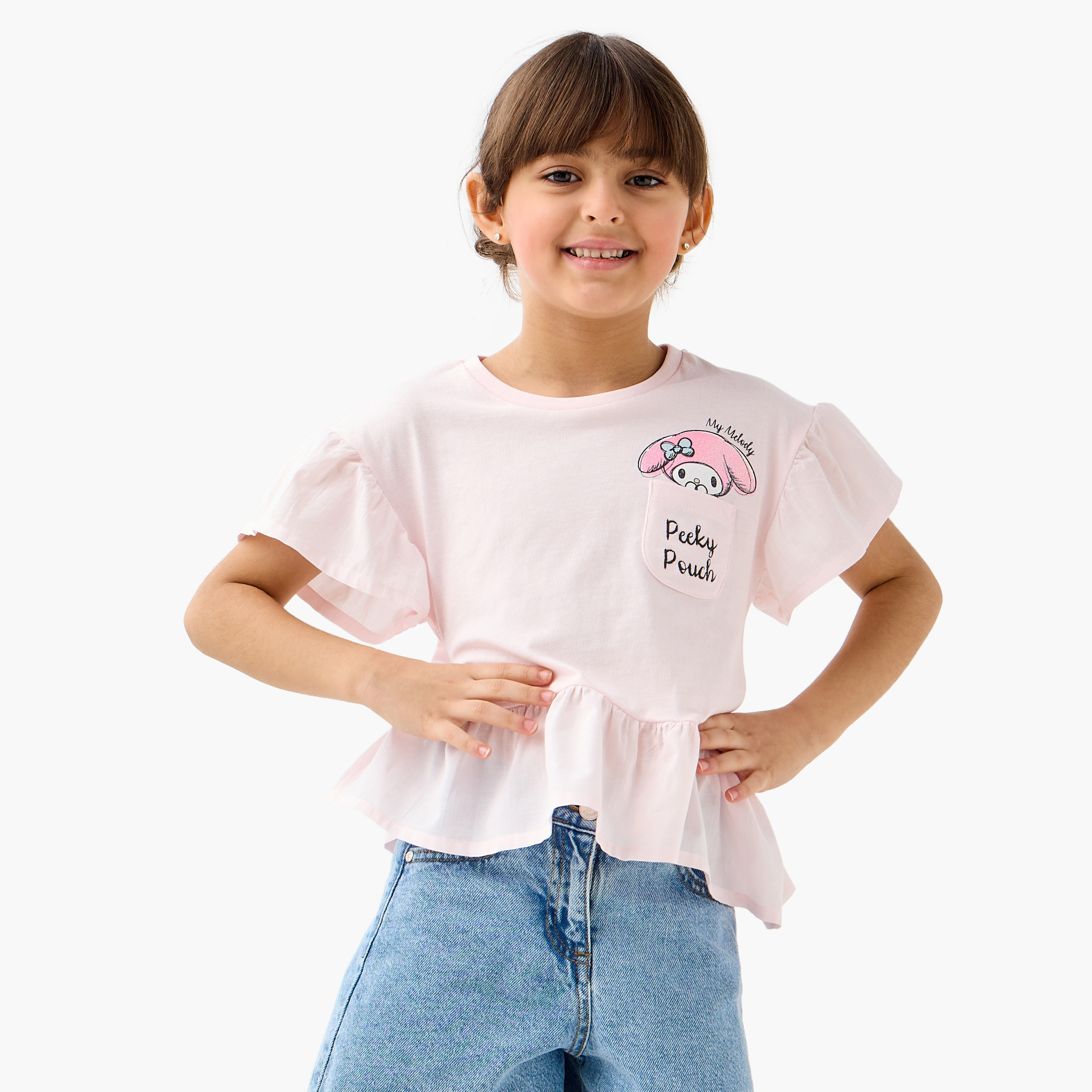 Sanrio My Melody Print Peplum Top with Crew Neck and Flared Sleeves-baby-girls-clothing-tshirts-image-1
