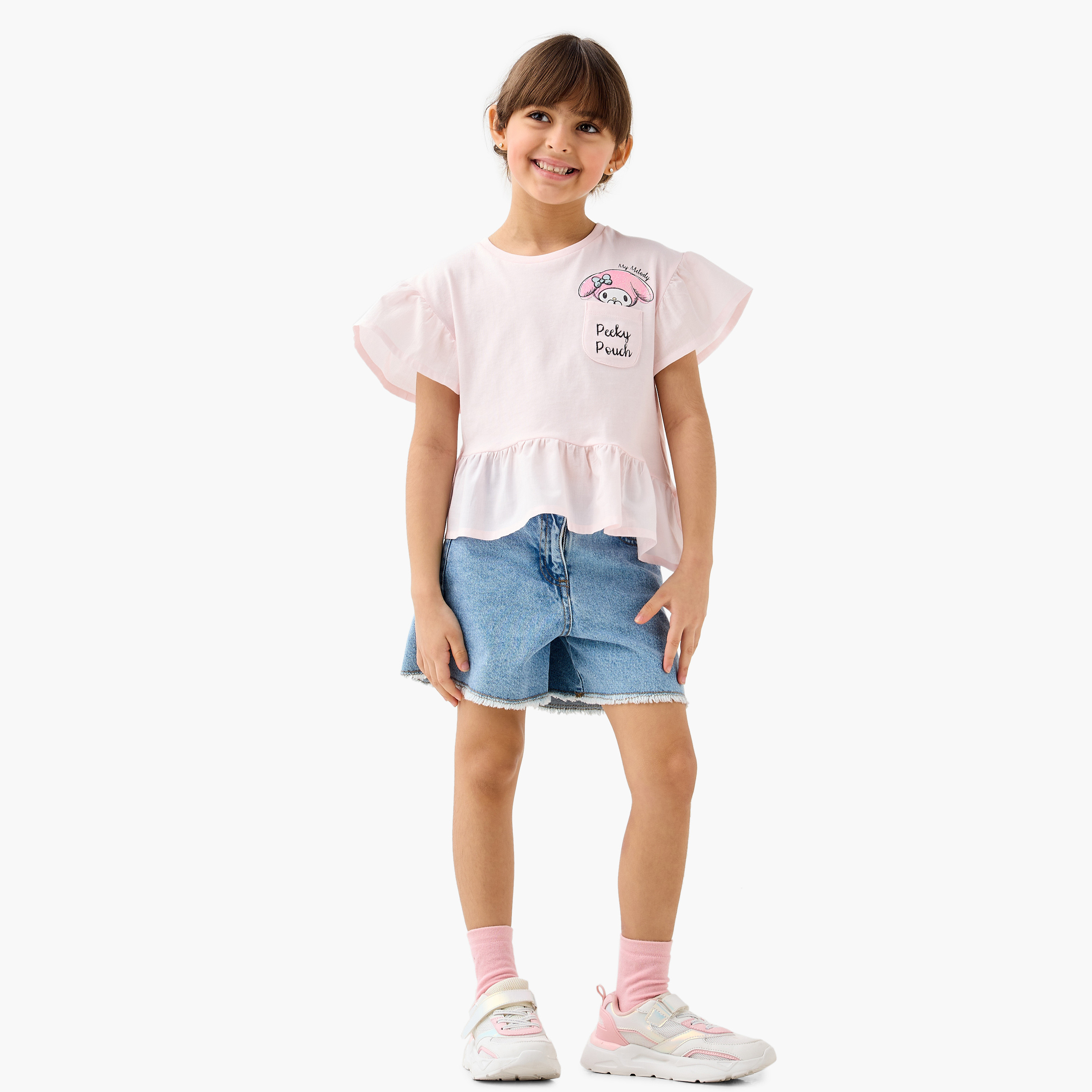 Sanrio My Melody Print Peplum Top with Crew Neck and Flared Sleeves-baby-girls-clothing-tshirts-image-2