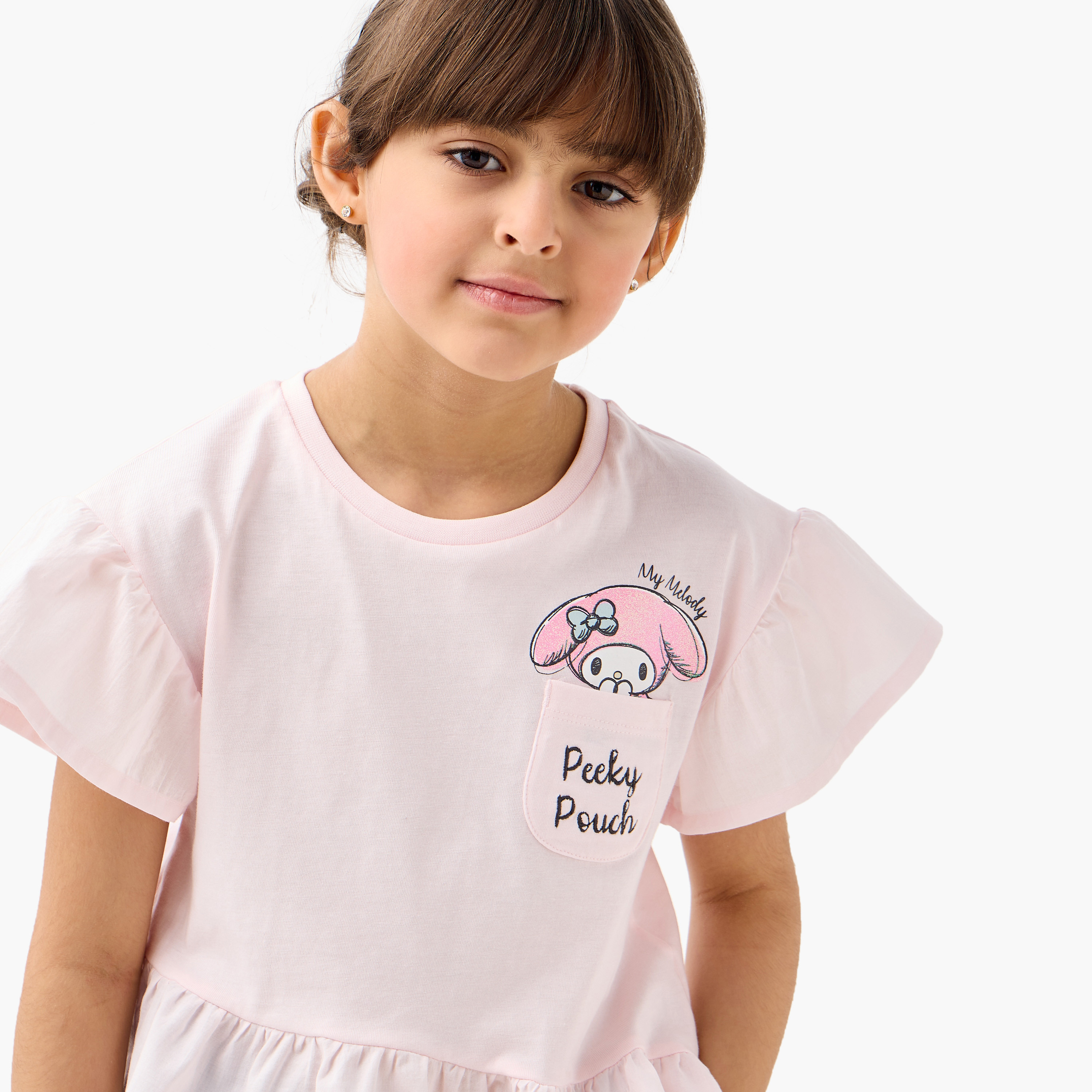Sanrio My Melody Print Peplum Top with Crew Neck and Flared Sleeves-baby-girls-clothing-tshirts-image-4