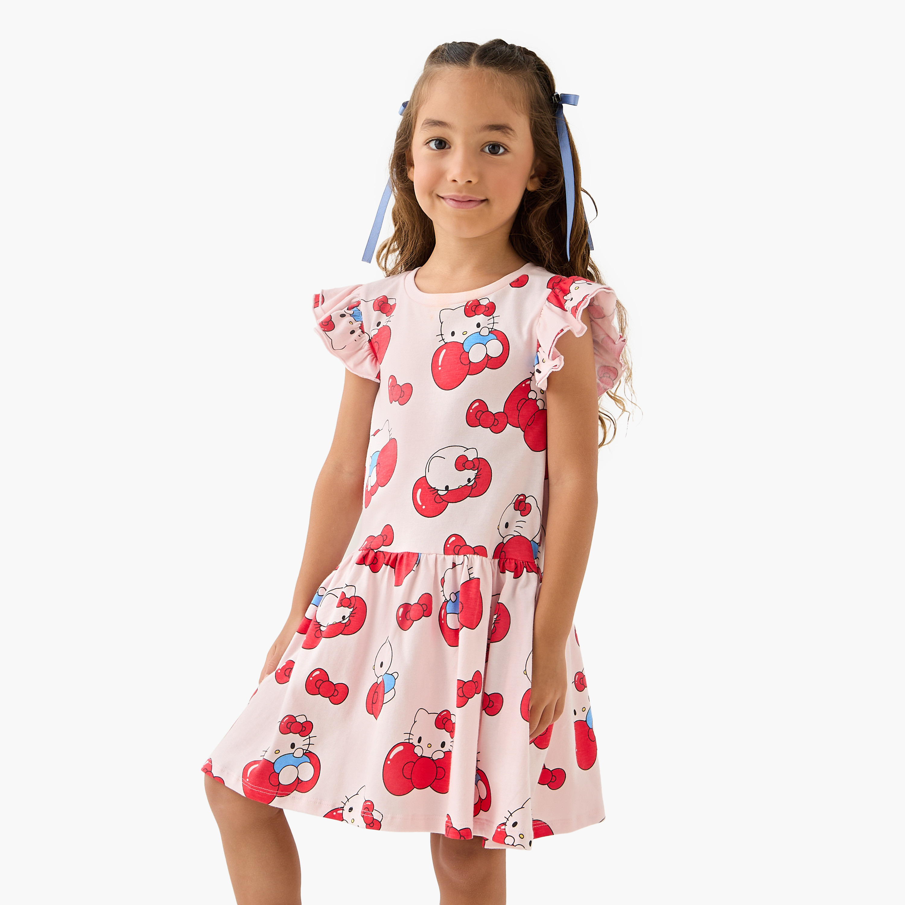 Sanrio Hello Kitty Print Dress with Round Neck and Ruffle Sleeves-girls-clothing-dressesandjumpsuits-image-1