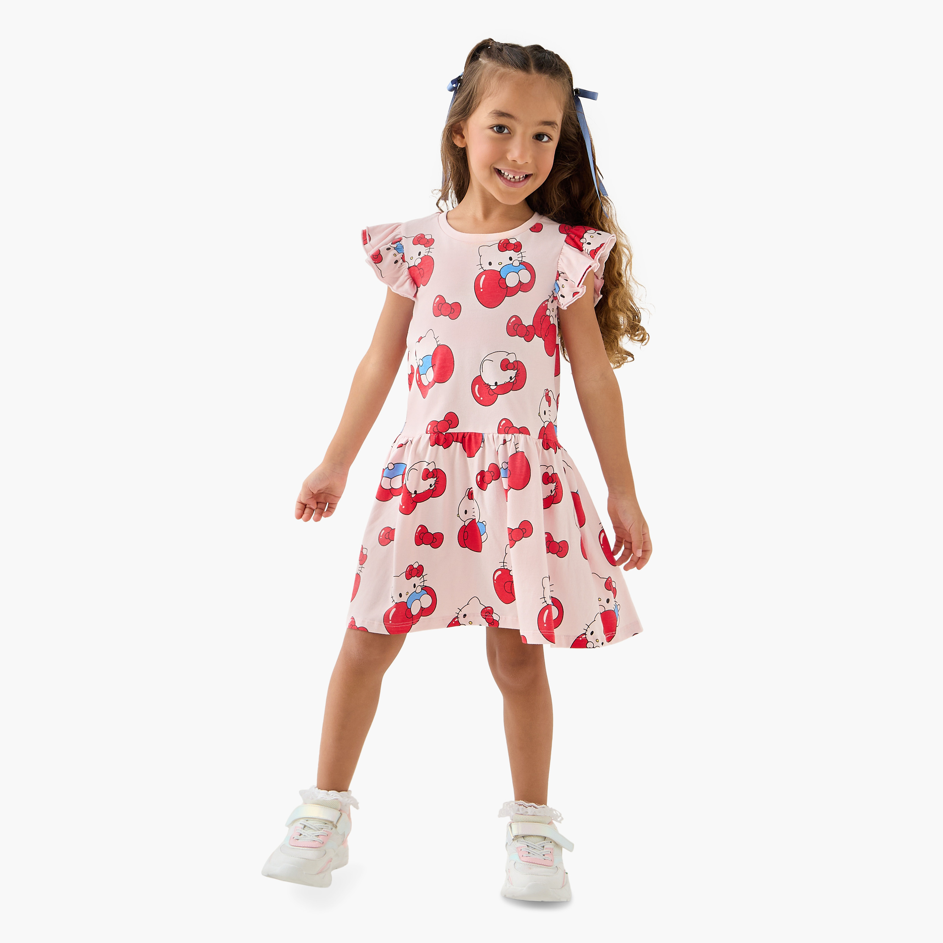 Sanrio Hello Kitty Print Dress with Round Neck and Ruffle Sleeves-girls-clothing-dressesandjumpsuits-image-2