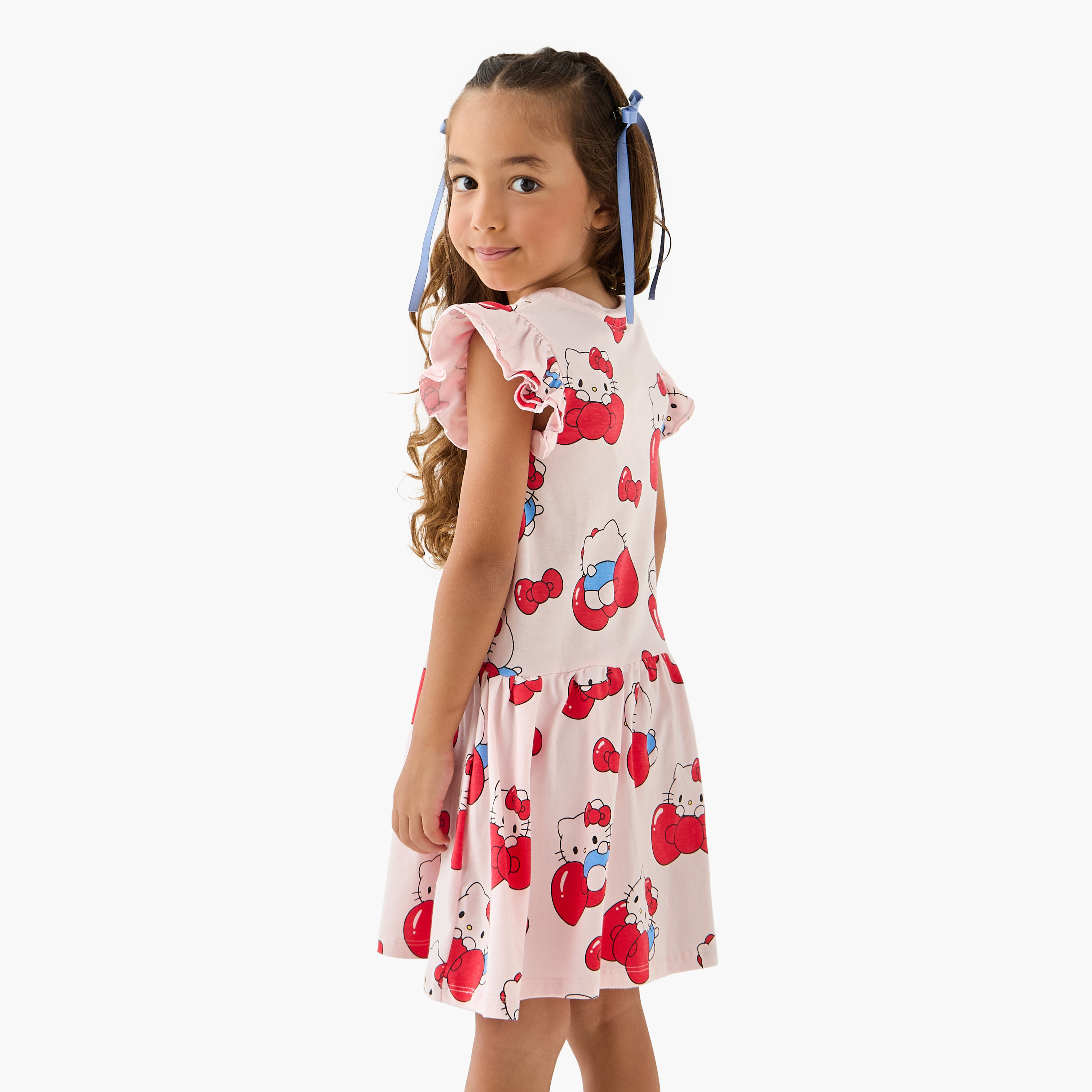 Sanrio Hello Kitty Print Dress with Round Neck and Ruffle Sleeves-girls-clothing-dressesandjumpsuits-image-3