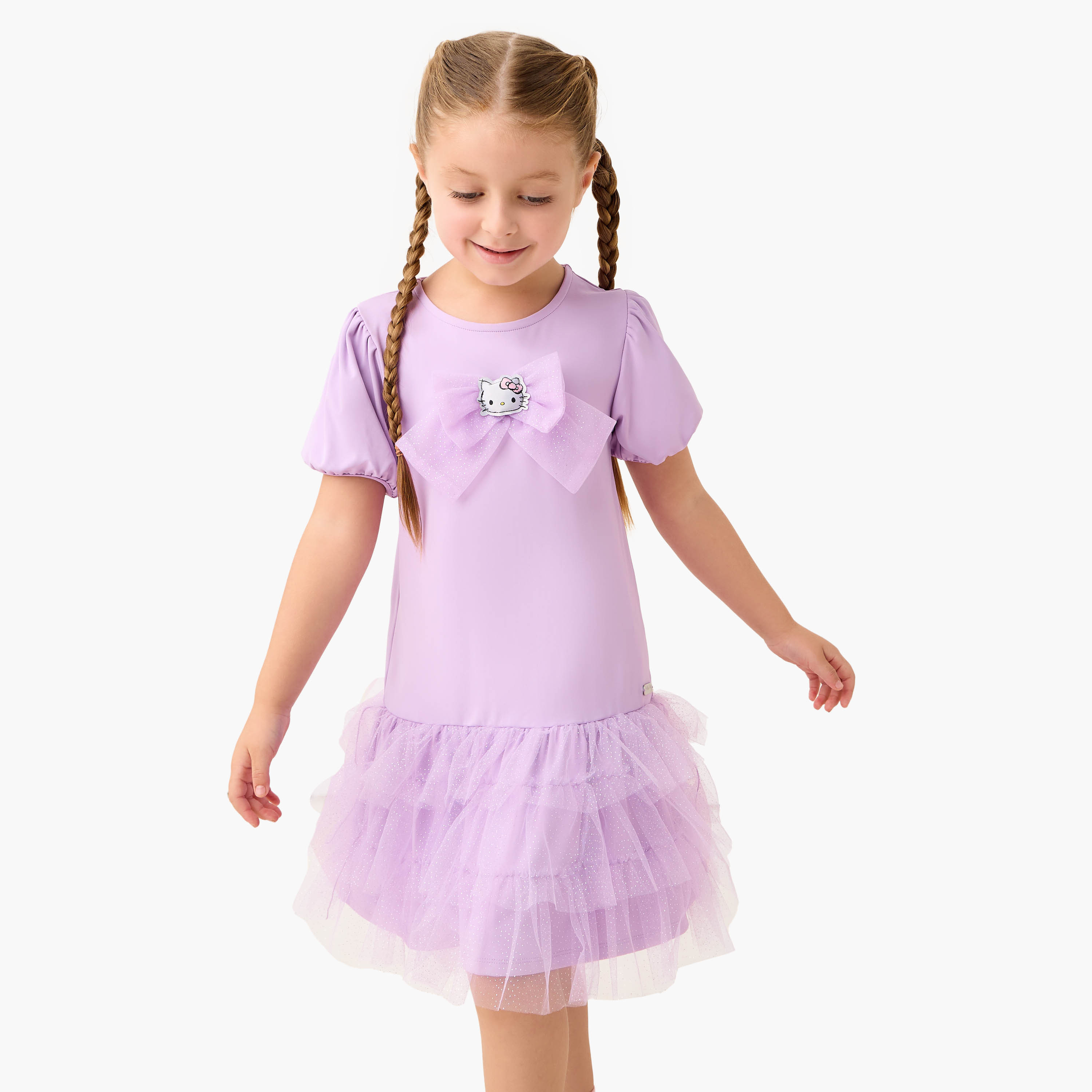 Sanrio Hello Kitty Ruffle Detail Dress with Round Neck and Short Sleeves-girls-clothing-dressesandjumpsuits-image-1