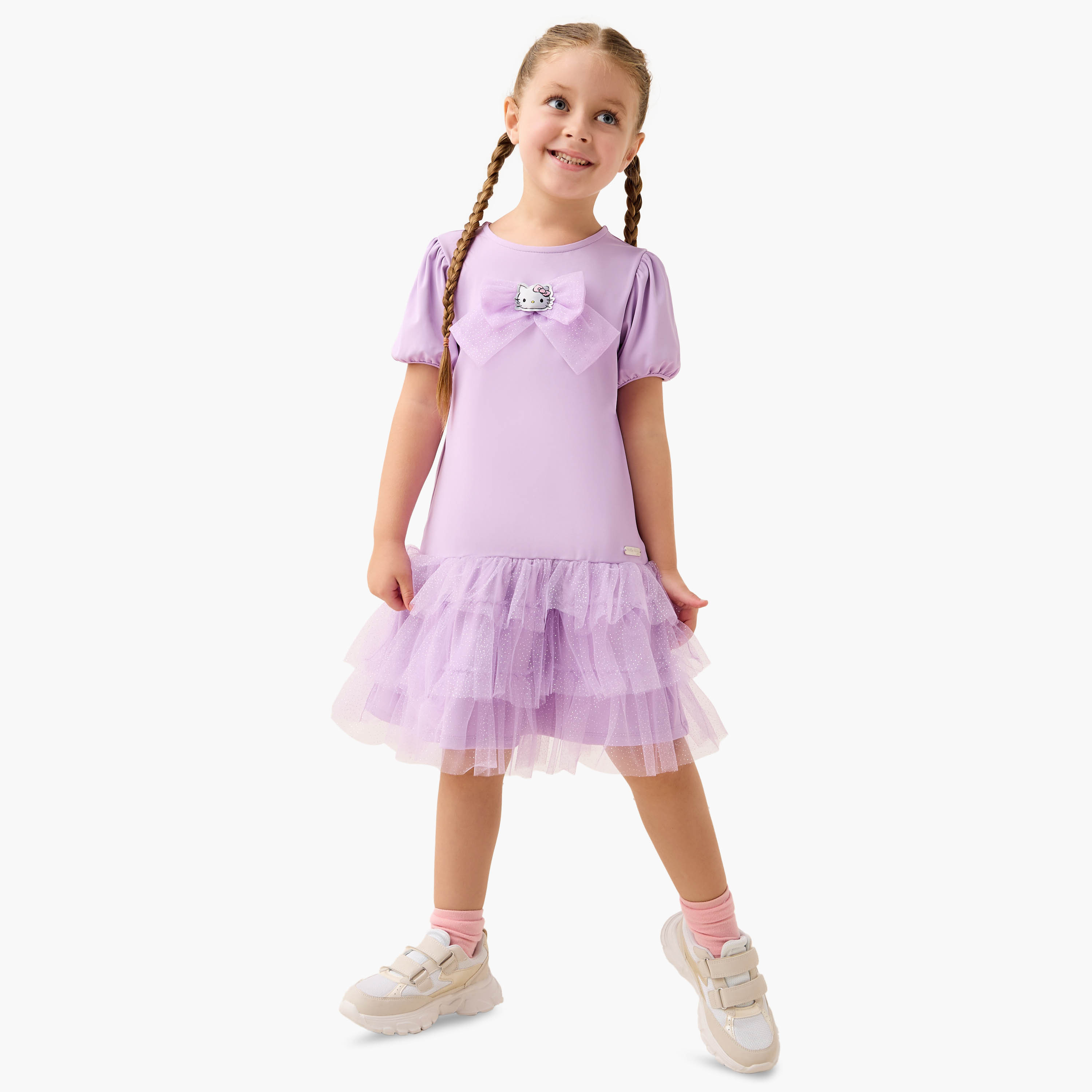 Sanrio Hello Kitty Ruffle Detail Dress with Round Neck and Short Sleeves-girls-clothing-dressesandjumpsuits-image-2