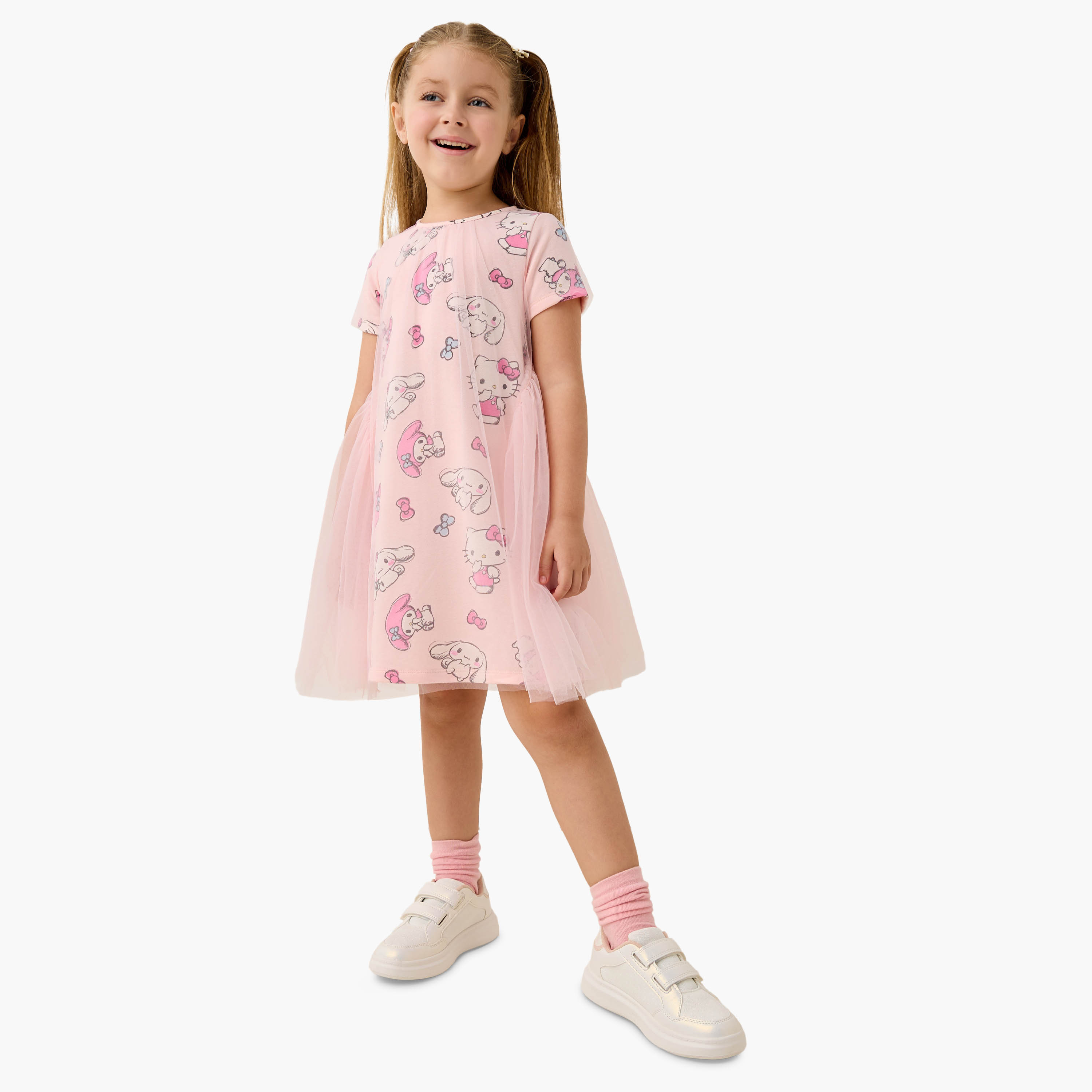 فستان بأكمام قصيرة وطبعات هالو كيتي من سانريو-girls-clothing-dressesandjumpsuits-image-2