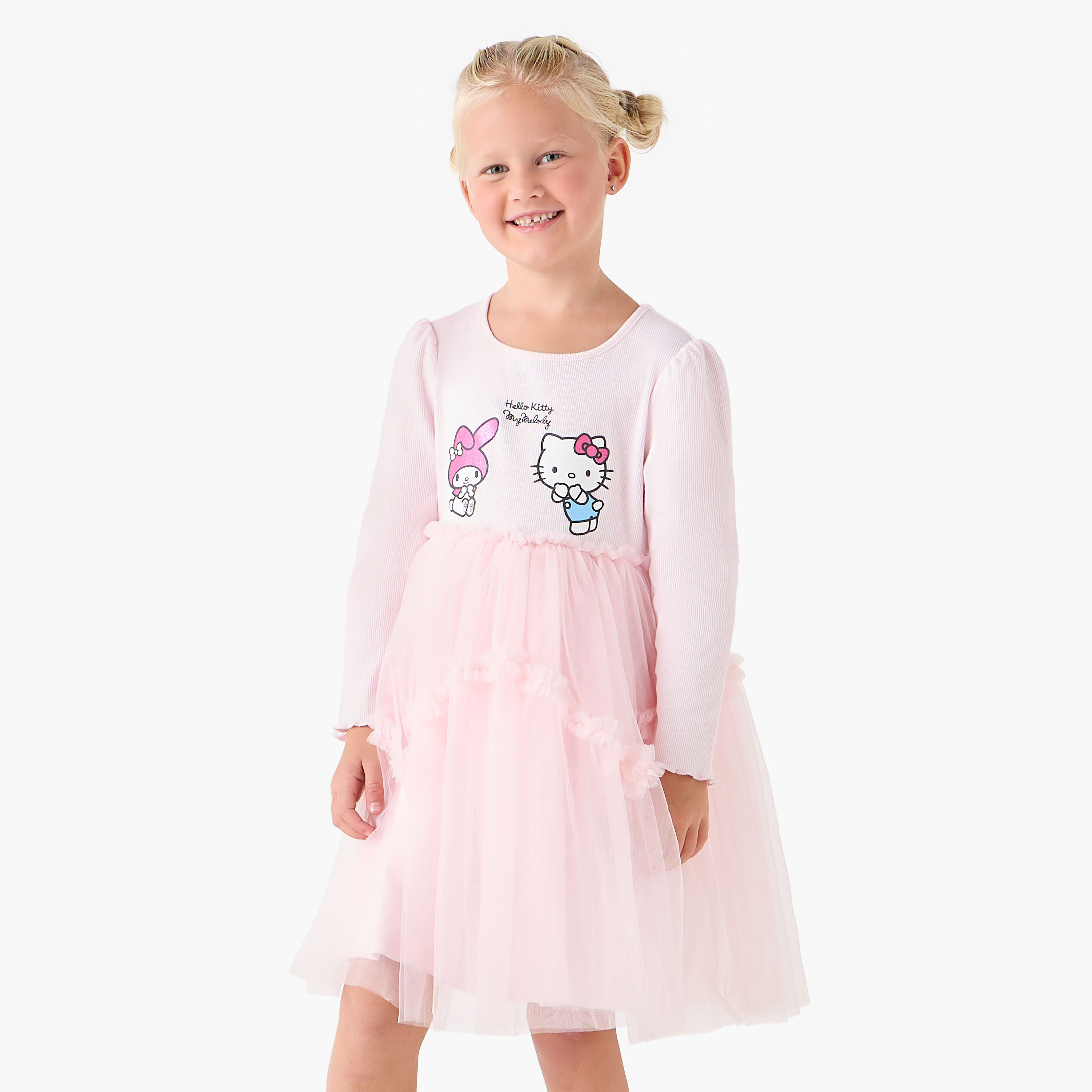 Sanrio Round Neck Long Sleeves Knee Length Dress with Hello Kitty Print-girls-clothing-dressesandjumpsuits-image-1