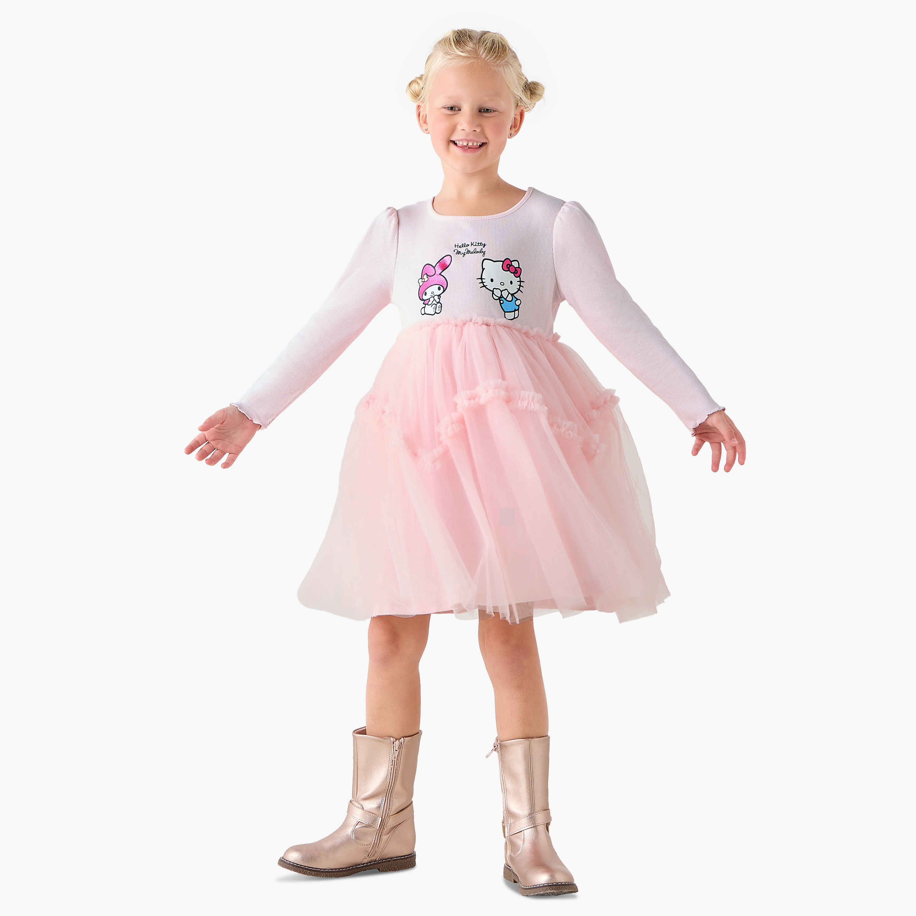Sanrio Round Neck Long Sleeves Knee Length Dress with Hello Kitty Print-girls-clothing-dressesandjumpsuits-image-2