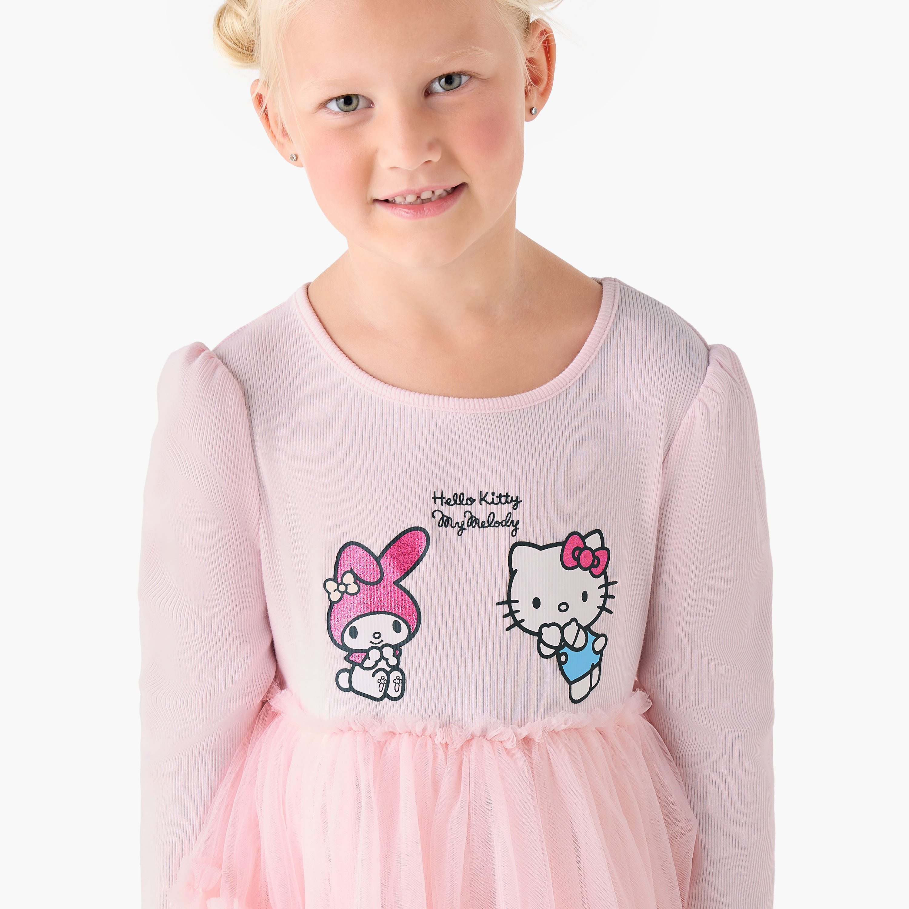 Sanrio Round Neck Long Sleeves Knee Length Dress with Hello Kitty Print-girls-clothing-dressesandjumpsuits-image-4