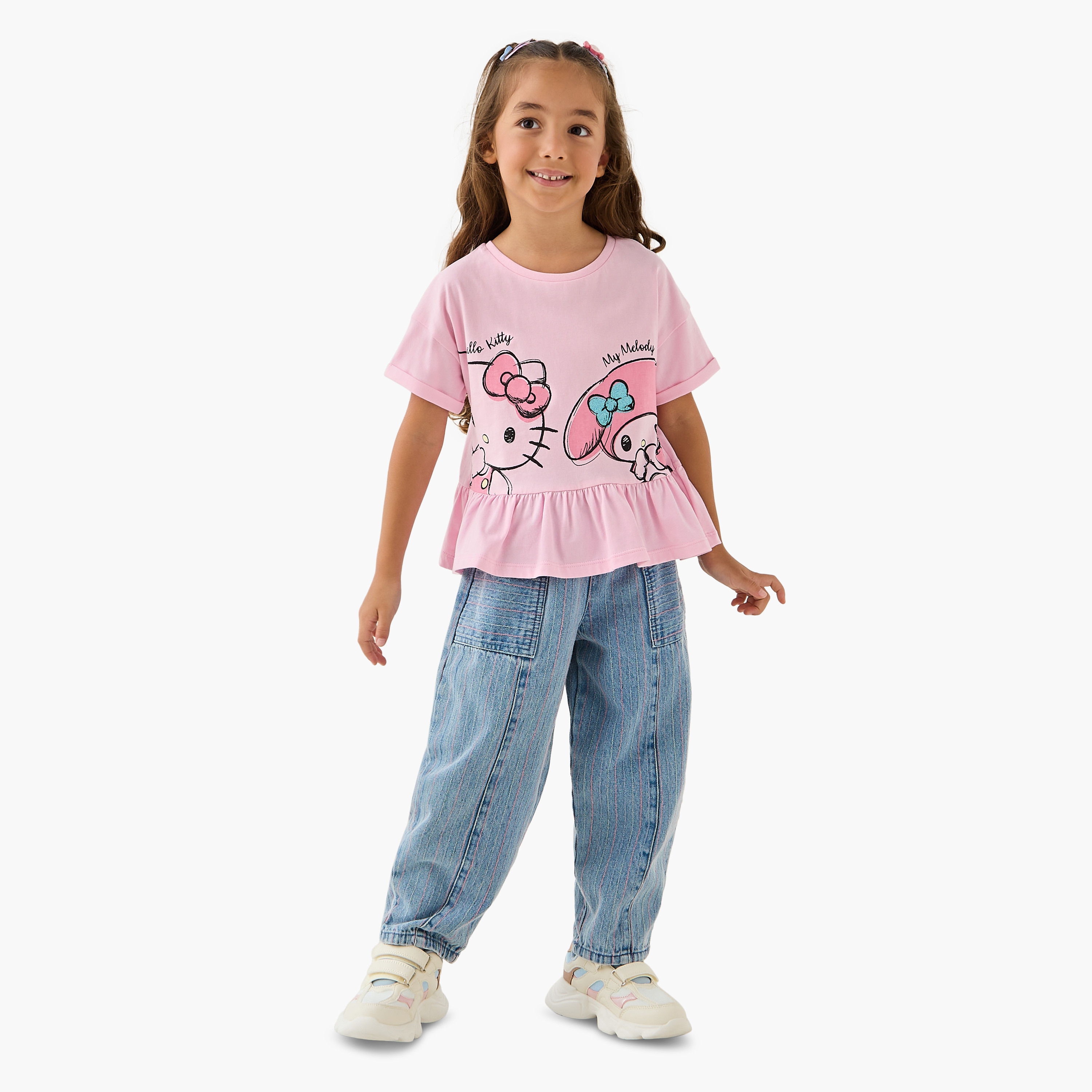 Sanrio Hello Kitty Print Peplum Top and Jeans Set-girls-clothing-setsandcoords-image-1