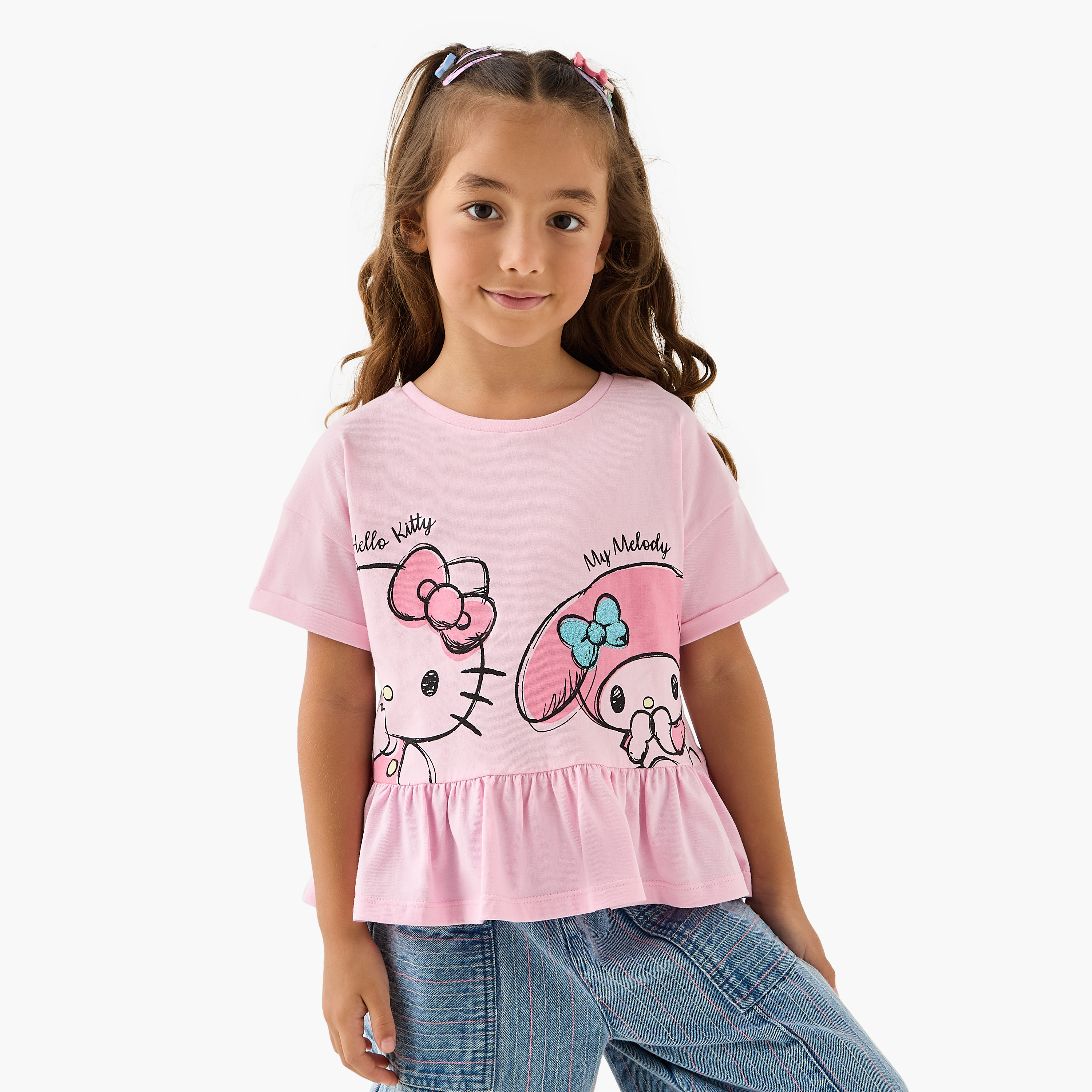 Sanrio Hello Kitty Print Peplum Top and Jeans Set-girls-clothing-setsandcoords-image-2
