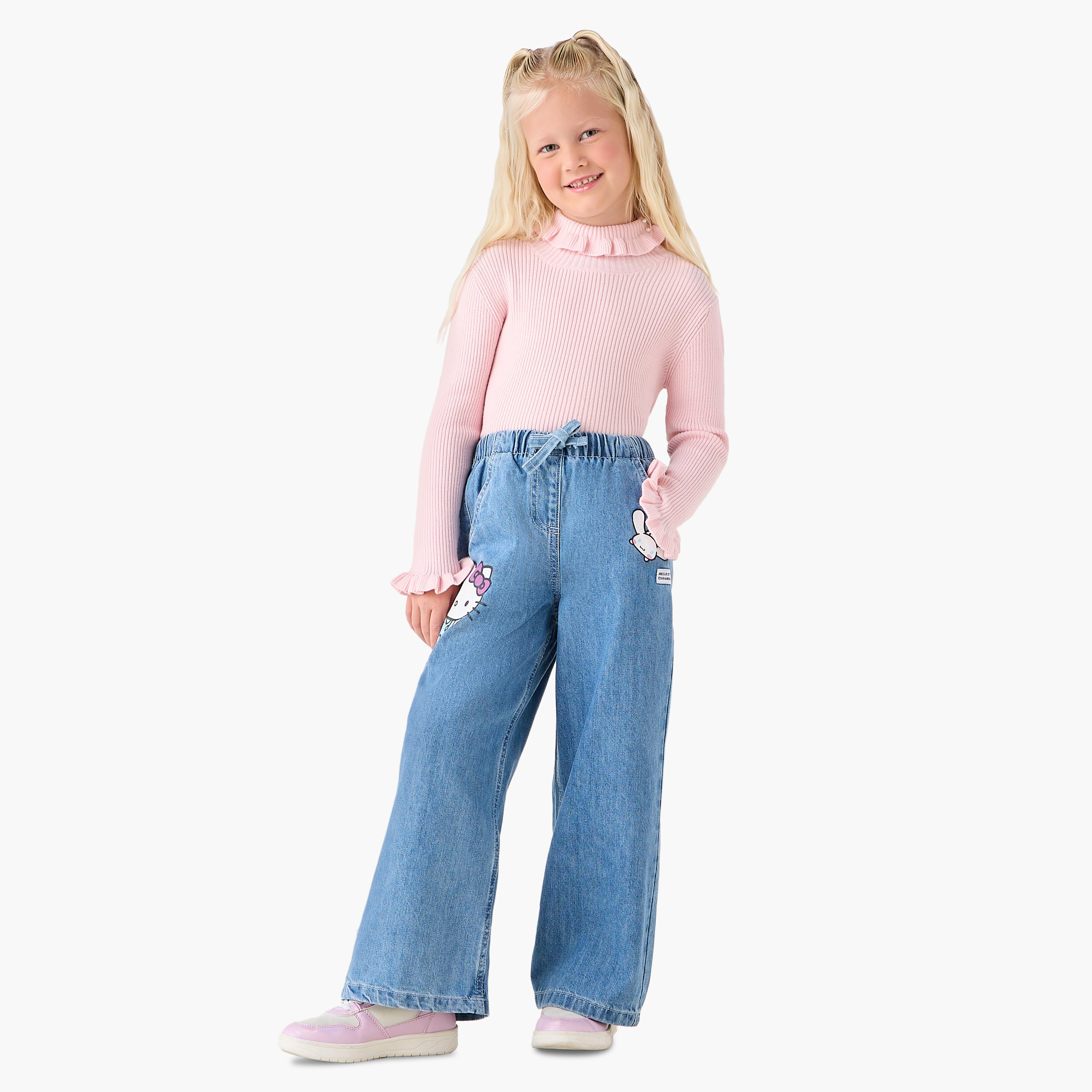 بنطلون جينز قطن بطبعات ورباط على الخصر للبنات من سانريو-girls-clothing-bottoms-jeansandjeggings-image-2