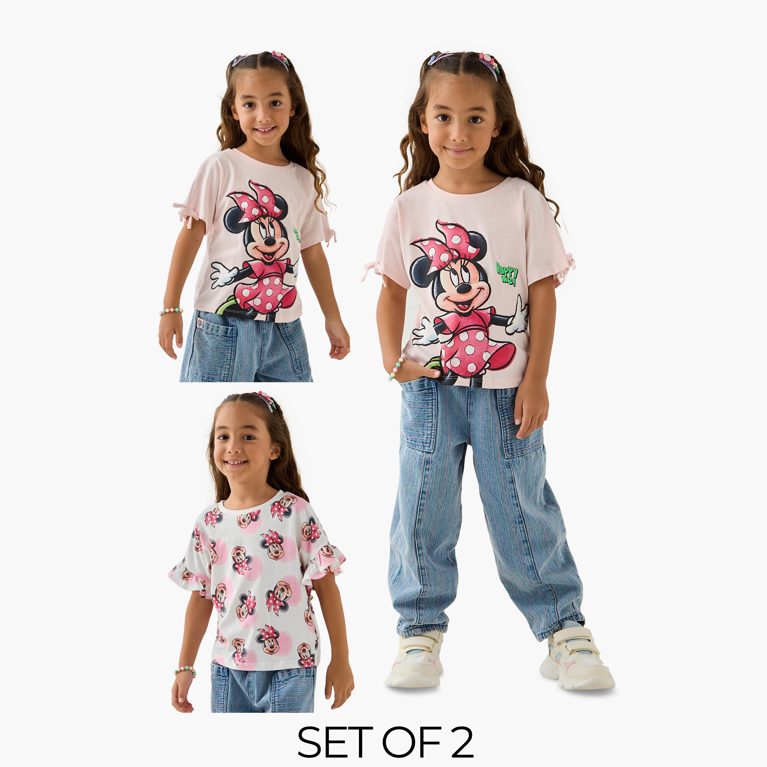 Disney Minnie Mouse Print T-shirt with Crew Neck - Set of 2-girls-clothing-tshirts-image-1